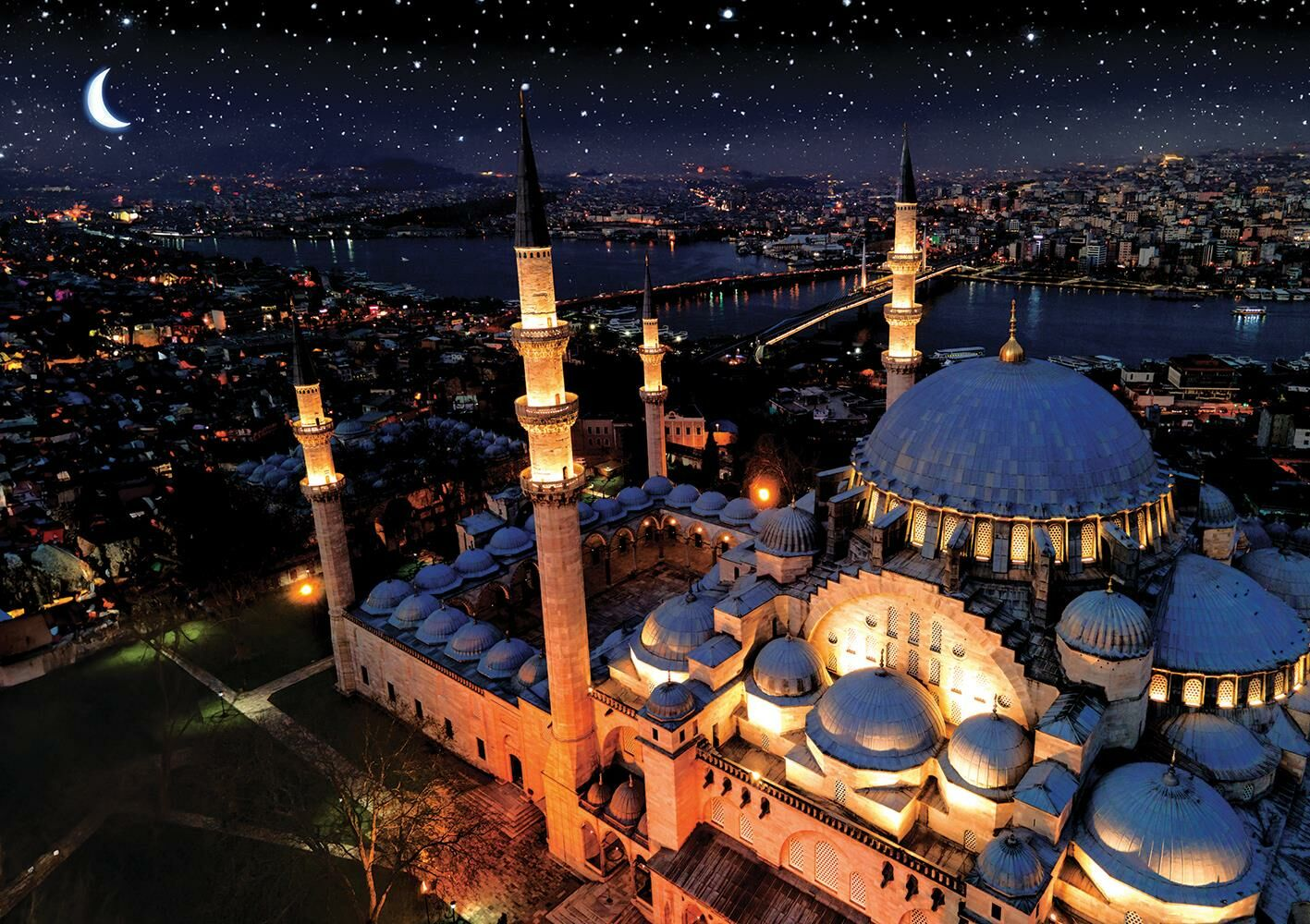 Minareleri ve kubbeleri olan bir caminin, yıldızlı gökyüzü ve şehir ışıklarıyla aydınlatılmış gece sahnesi.