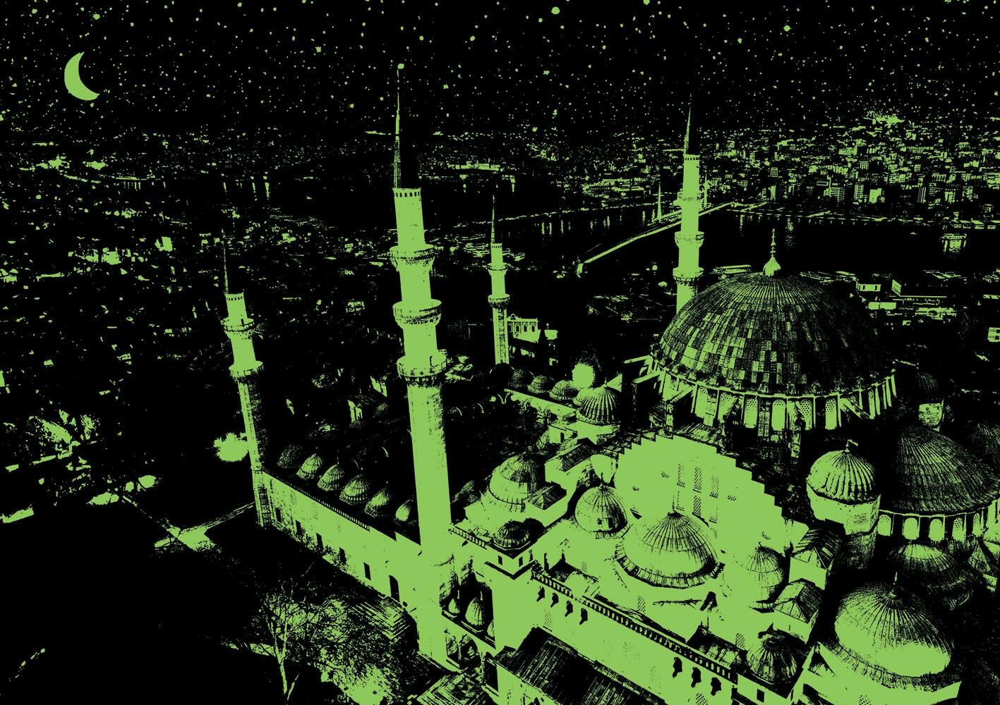 Gece, yeşil tonlu bir cami görüntüsü, arka planda hilal ve şehir ışıkları. Birkaç minare görülüyor.