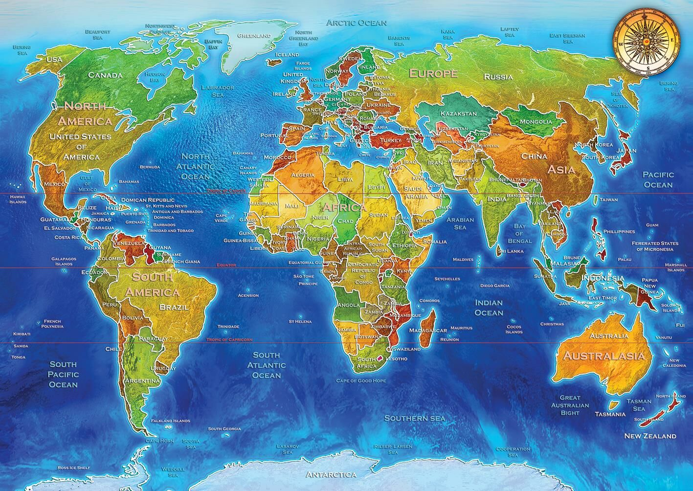 Kıtaları, okyanusları ve ülkeleri etiketlerle ve bir pusula gülüyle gösteren dünya haritası.