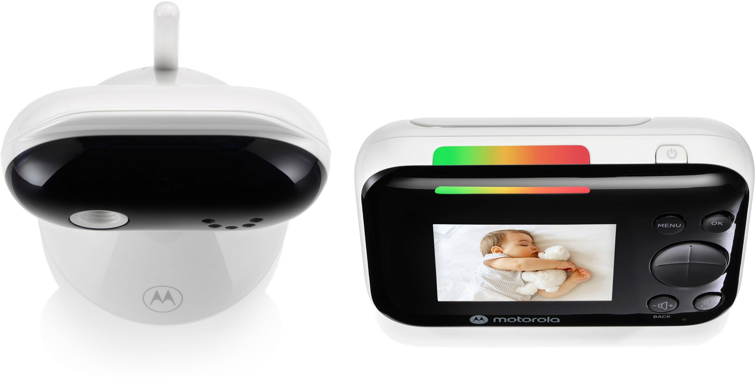 Un set di baby monitor. A sinistra, una telecamera bianca. A destra, un monitor che mostra un bambino che dorme con un orsacchiotto. Logo Motorola visibile.