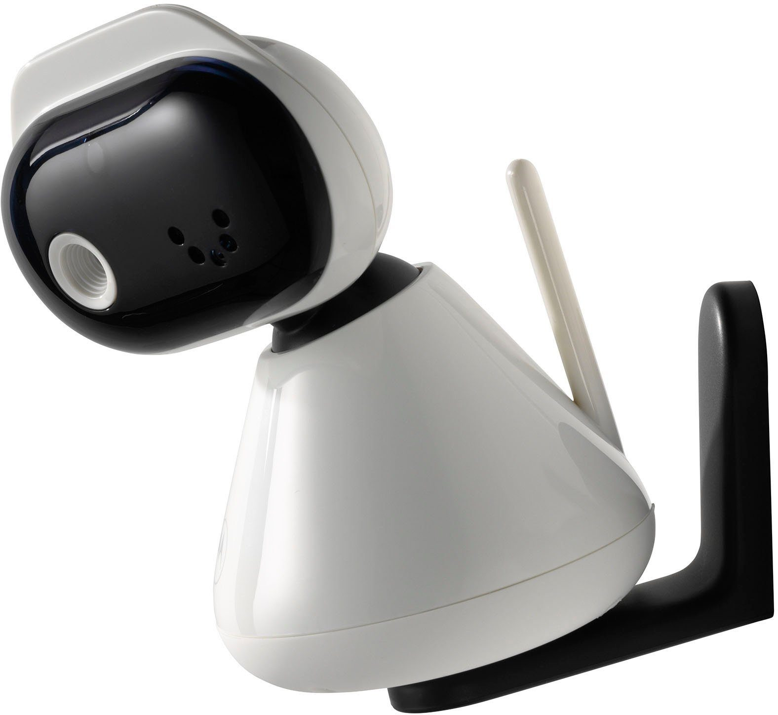 Una telecamera di sicurezza bianca e nera con antenna, montata su una staffa nera. Su sfondo bianco.