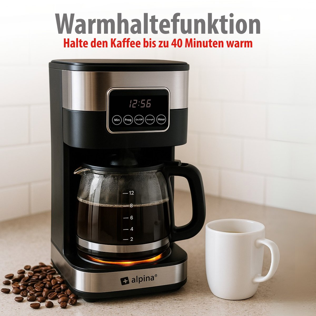 A coffee maker with a carafe of coffee, a white mug, and coffee beans. The time 12:56 is displayed. Text says 'Warmhaltefunktion'.