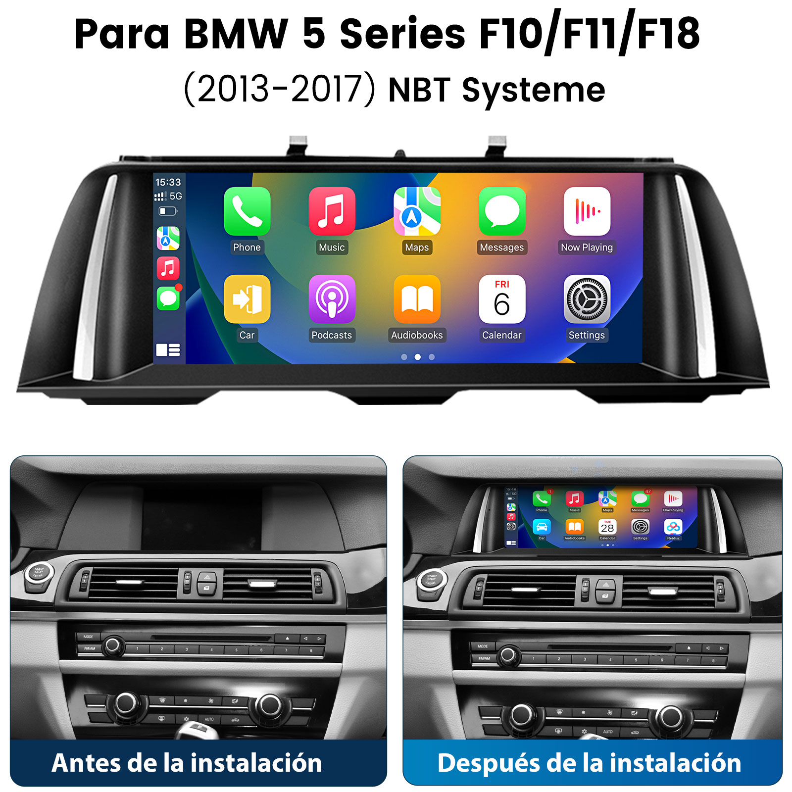 Imagen muestra un tablero de coche con sistema de infoentretenimiento instalado, comparación antes y después.