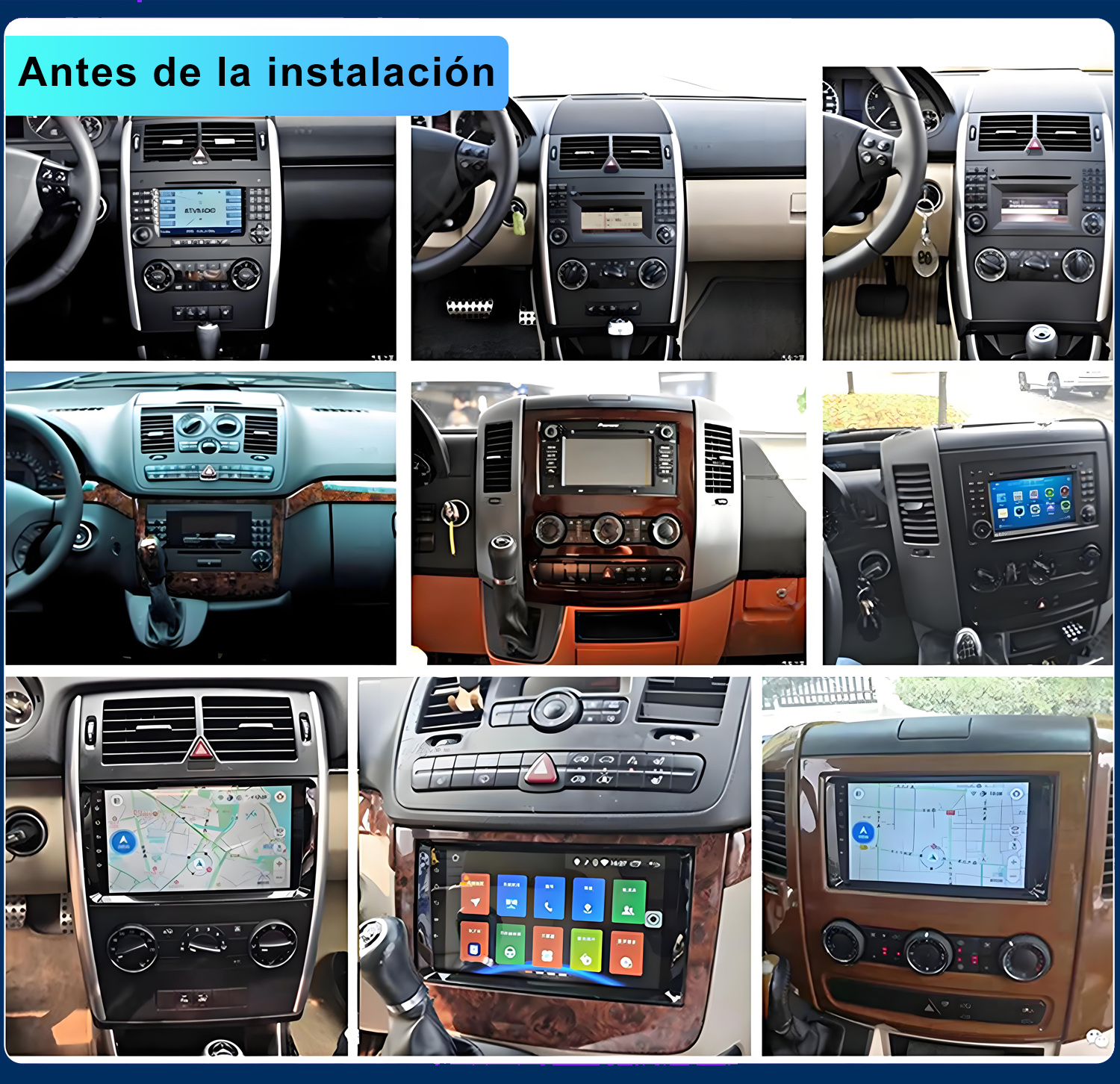 Nueve tableros de automóviles antes de la instalación, con pantallas de navegación y radios. Molduras oscuras y veteadas de madera. La frase "Antes de la instalación".