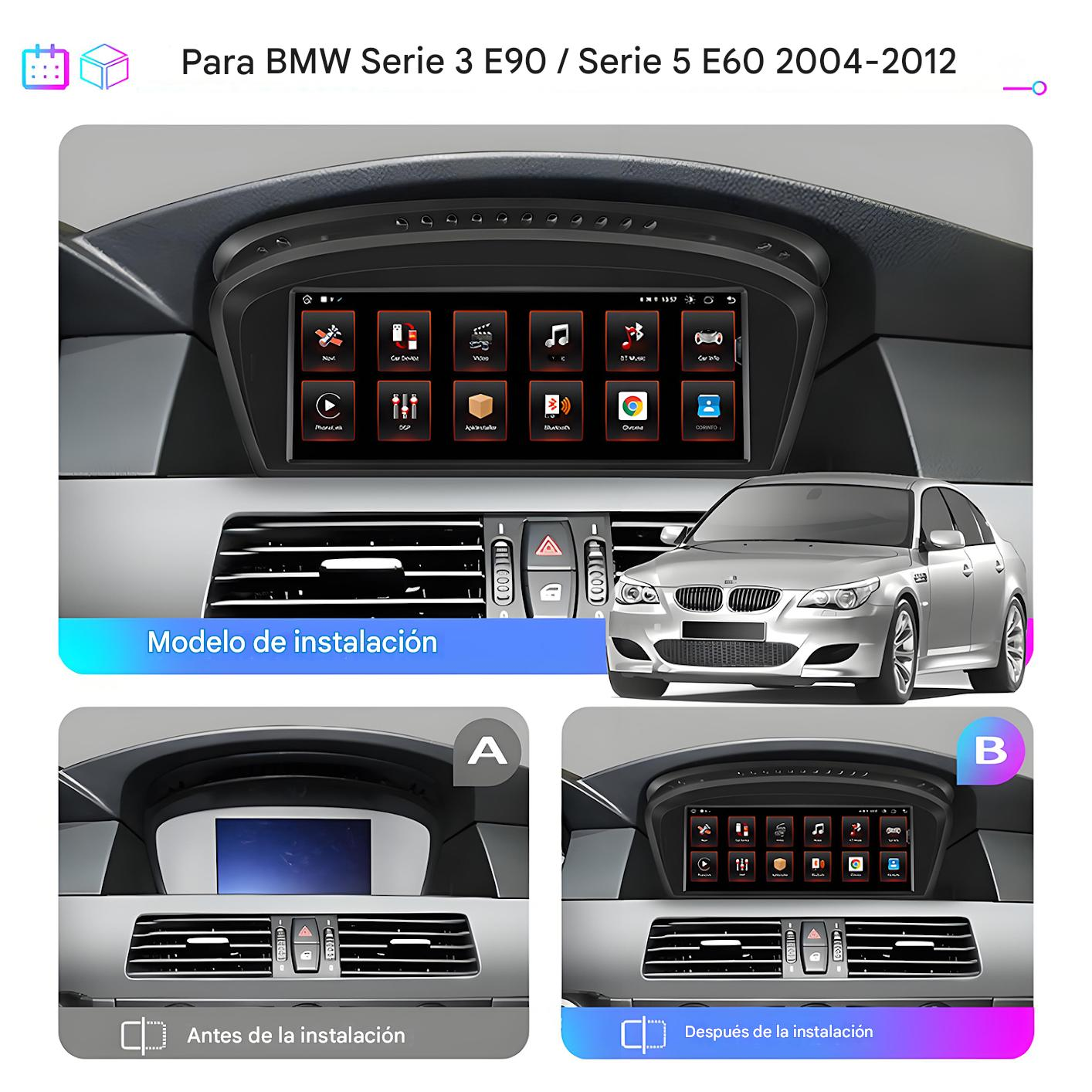 La imagen muestra un salpicadero con sistema multimedia instalado, con comparaciones de antes y después de la instalación.