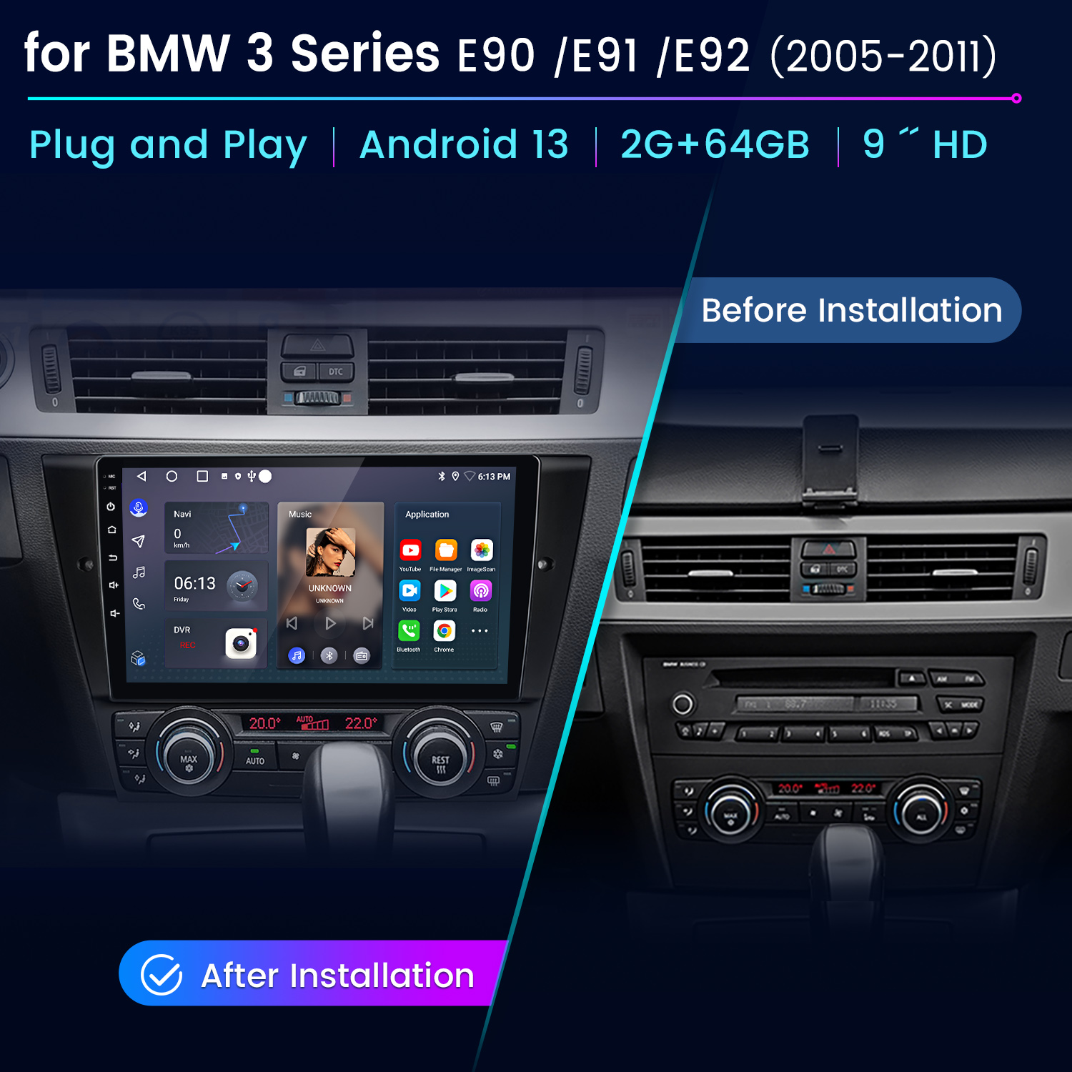 Comparación del salpicadero de BMW: antes y después de la instalación de Android 13, mostrando una nueva pantalla táctil.