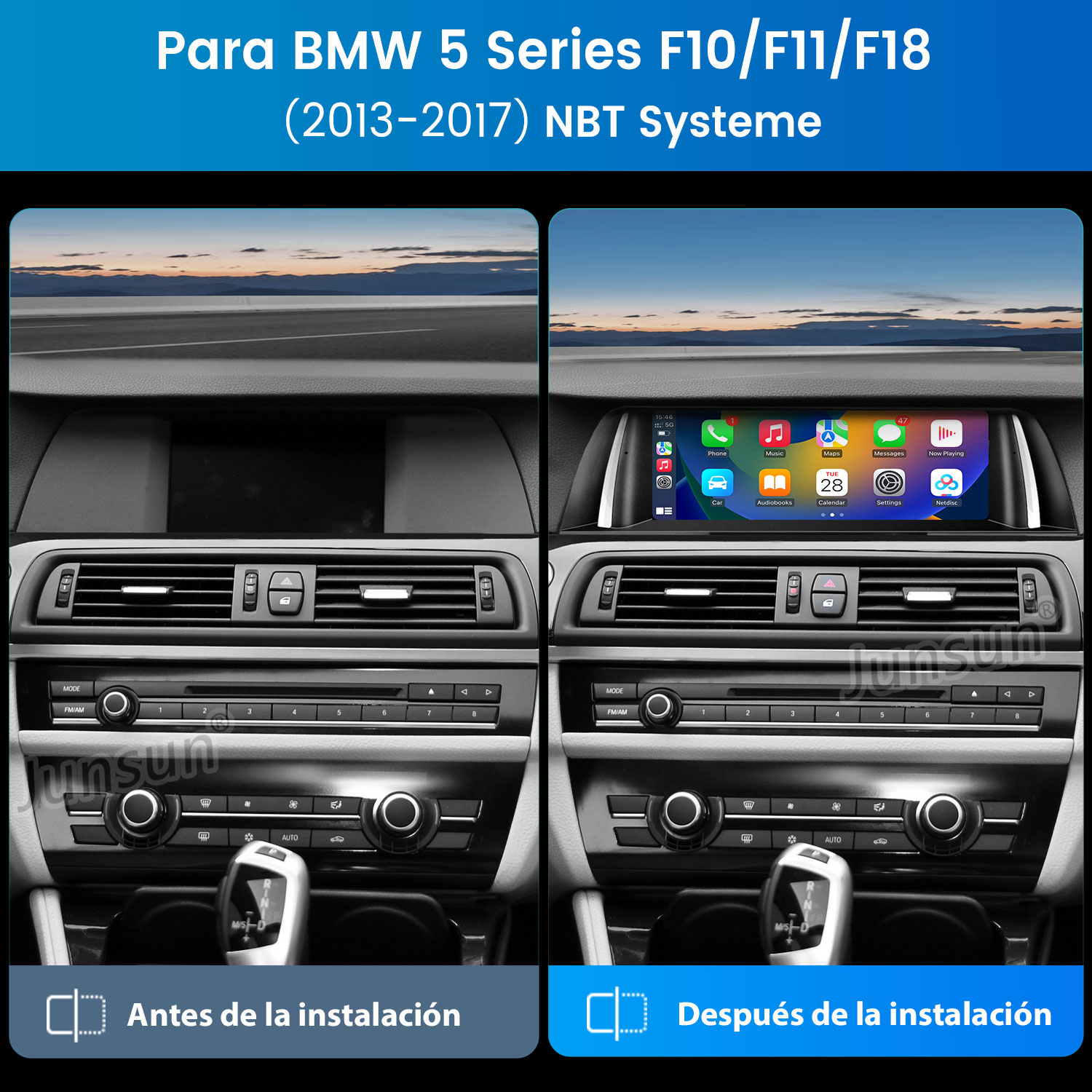 Imagen comparativa del interior de un BMW. La izquierda muestra la consola original; la derecha, la consola actualizada con pantalla.