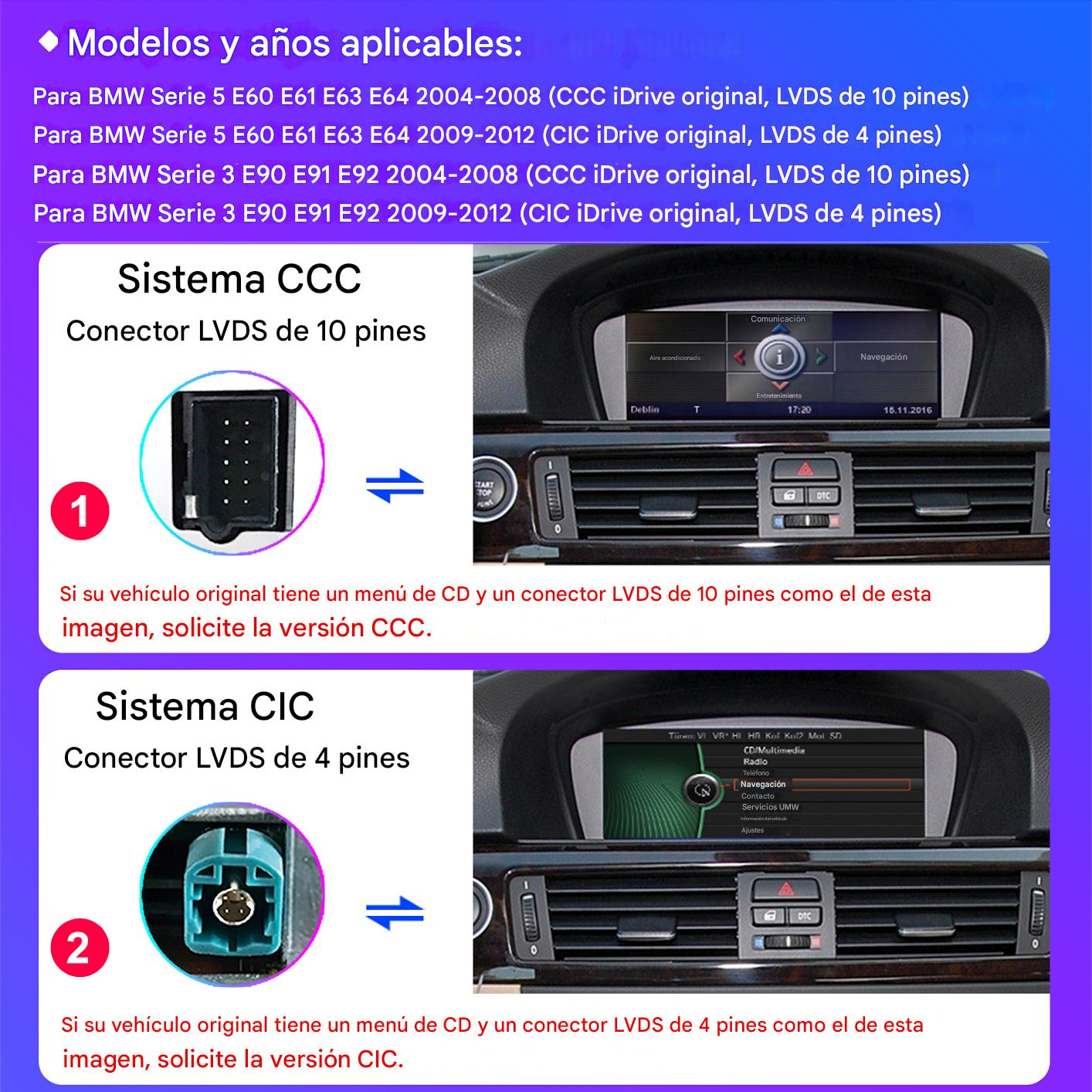 La imagen compara sistemas CCC y CIC para coches BMW. Muestra conectores y menús de pantalla, aconsejando sobre compatibilidad.
