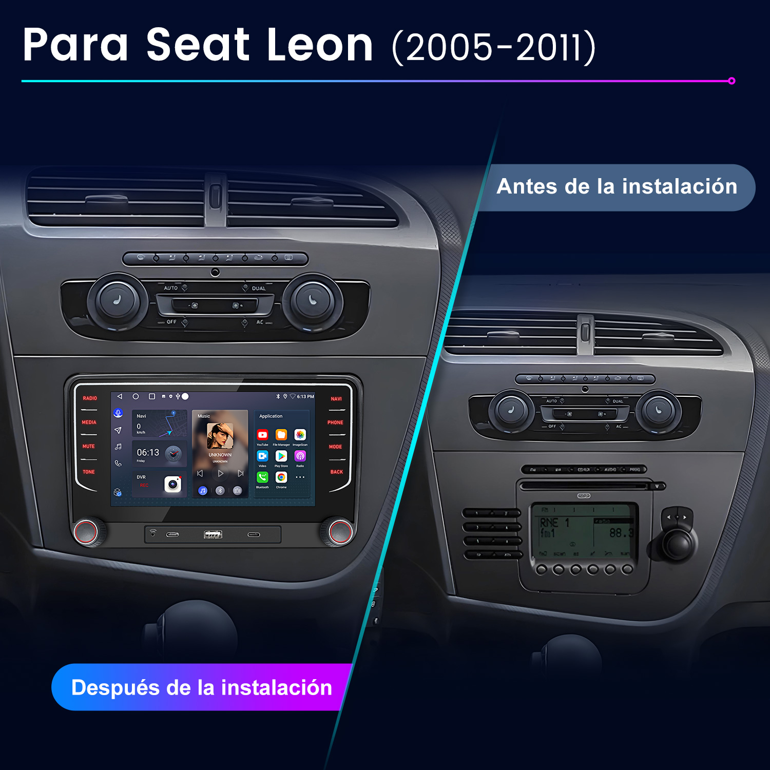 Comparación del salpicadero de un coche antes y después de instalar un nuevo sistema multimedia. Muestra la radio antigua y la nueva pantalla Android.