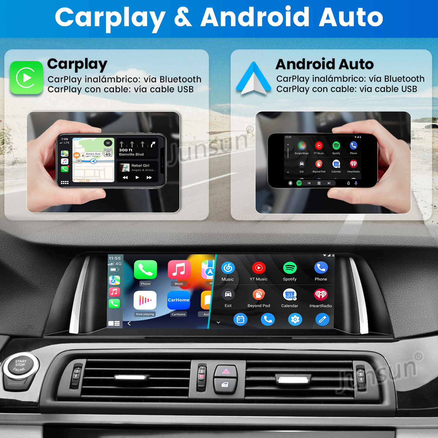 La imagen muestra las interfaces CarPlay y Android Auto en la pantalla del tablero de un automóvil, con iconos de teléfono y aplicaciones.