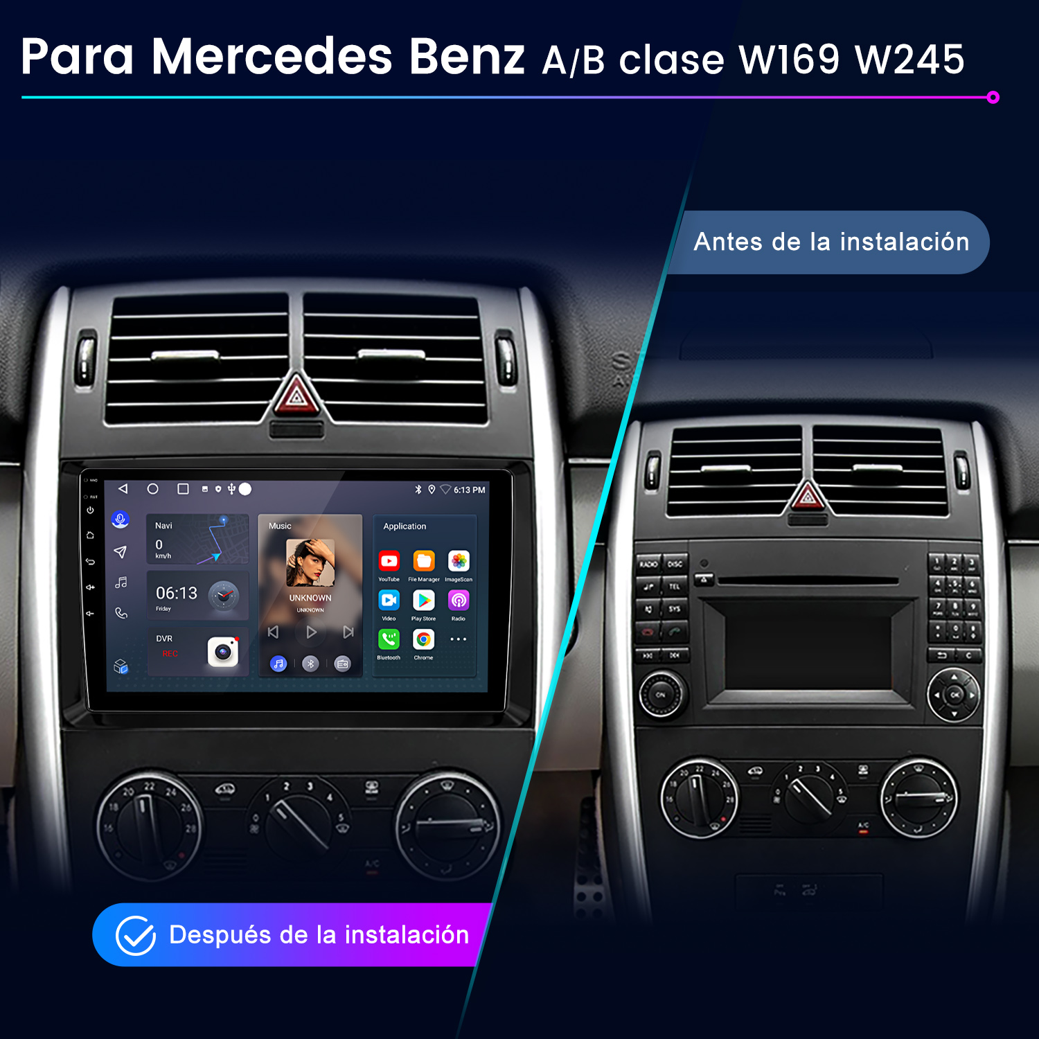 Comparación del salpicadero de un coche antes y después de instalar un nuevo sistema multimedia. El lado izquierdo muestra el sistema instalado.