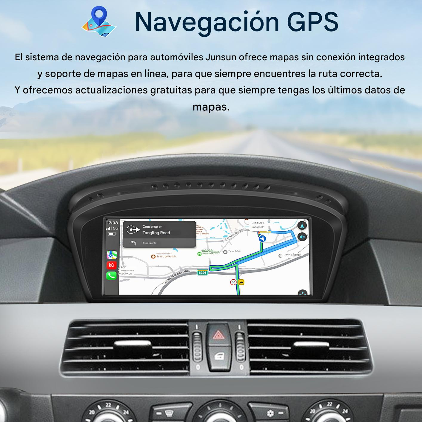 Panel de coche con navegación GPS mostrando una ruta en un mapa. La pantalla muestra un mapa de carreteras y otra información.