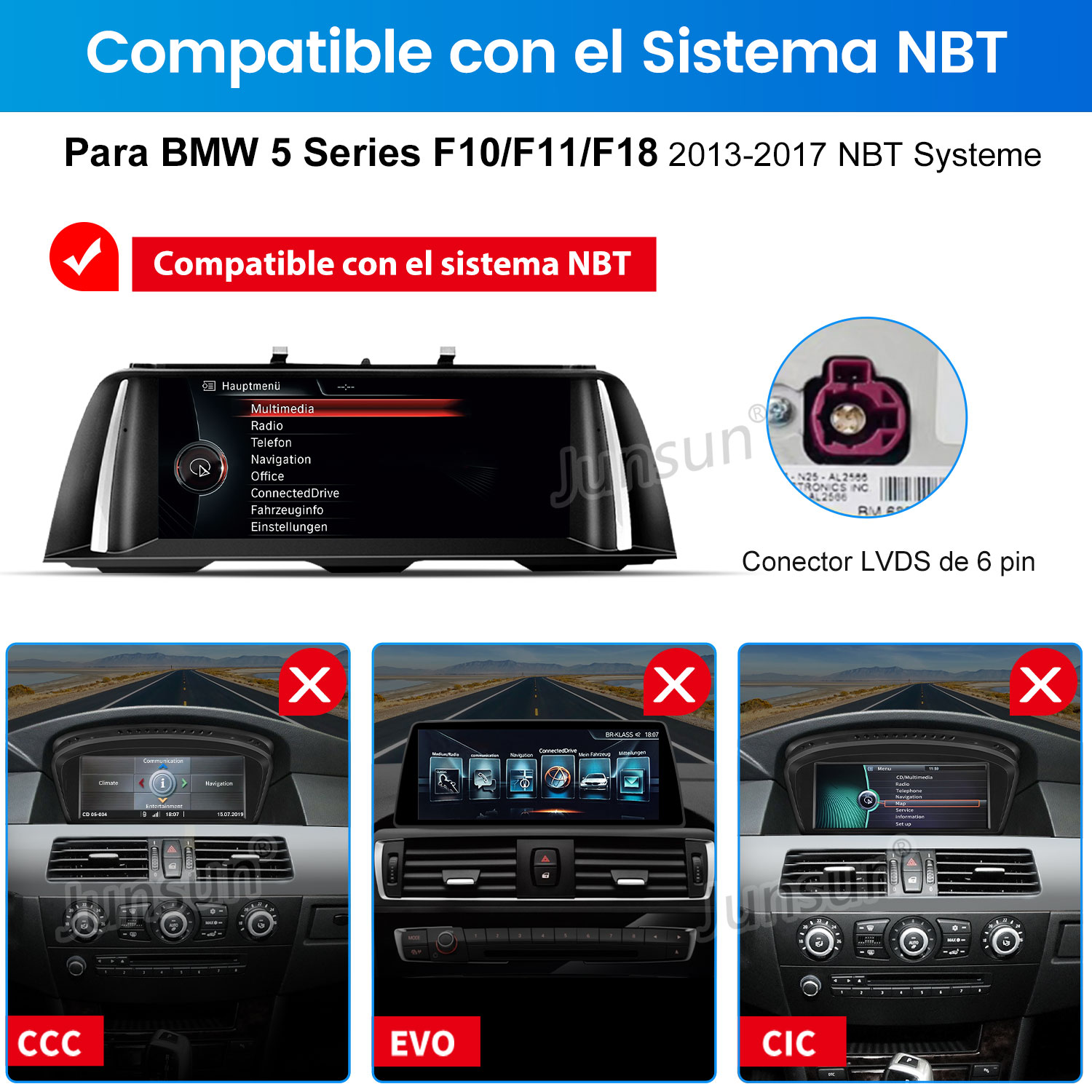 Imagen muestra el tablero del auto con pantalla mostrando menús. Texto indica compatibilidad con BMW 5 Series y sistema NBT.