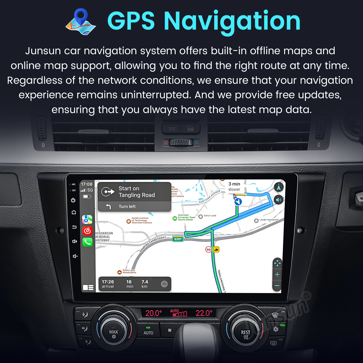 Panel de coche con pantalla de navegación GPS que muestra un mapa de ruta e indicaciones.