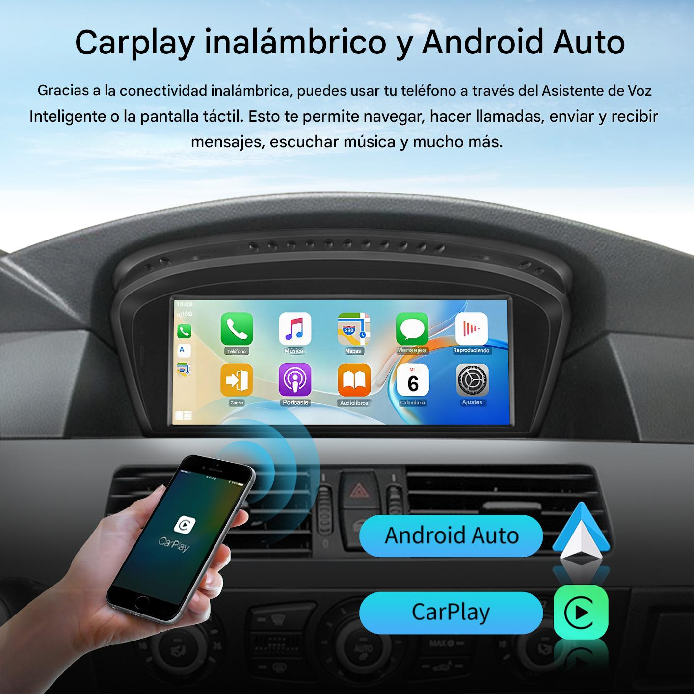 Interfaz Carplay y Android Auto en un coche. Un teléfono con CarPlay en la mano. La pantalla muestra aplicaciones.