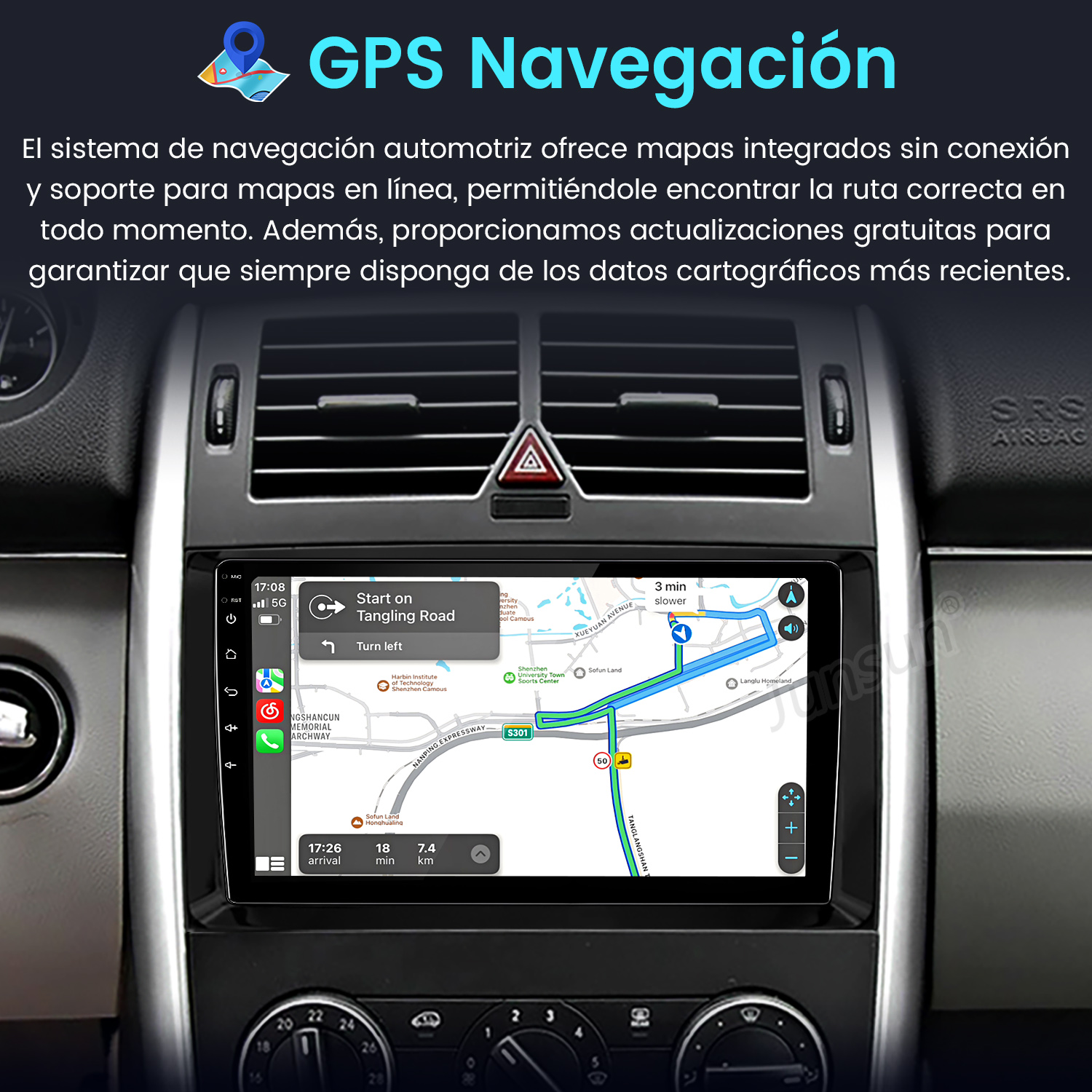 Panel de coche con pantalla de navegación GPS que muestra un mapa con indicaciones de ruta.