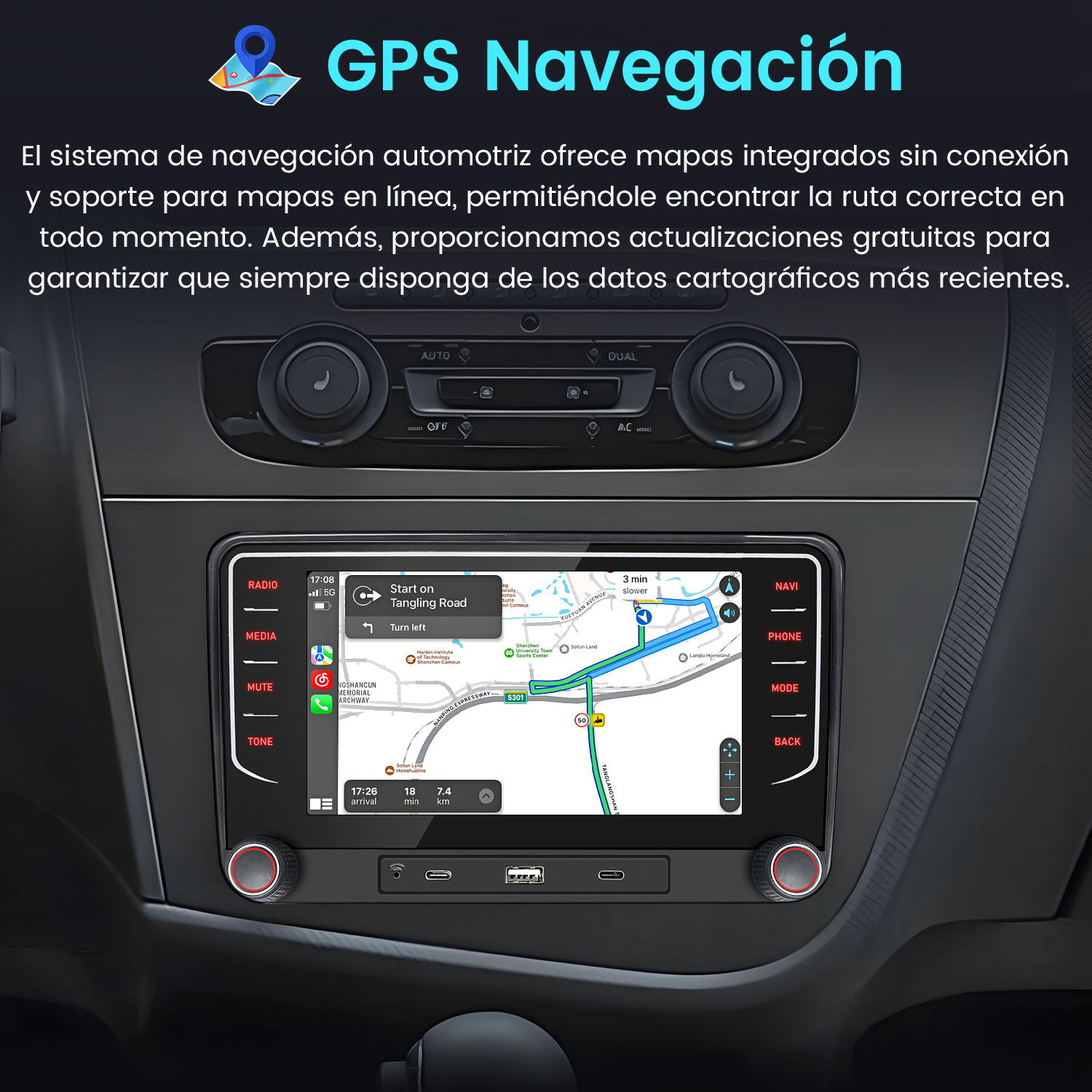 Panel de coche mostrando sistema GPS, mapa y guía de ruta.