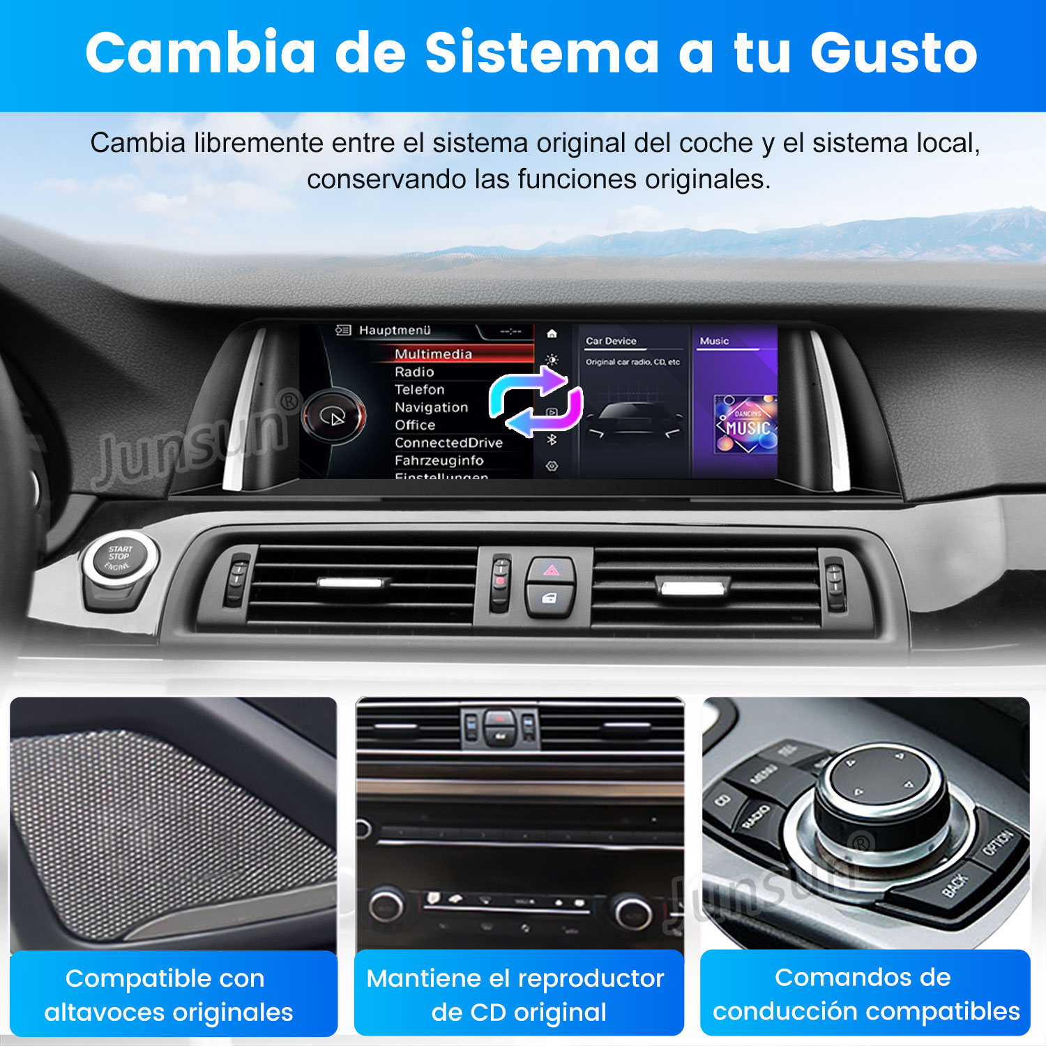 Panel de coche con pantalla mostrando opciones multimedia, dispositivo de coche y música. Abajo: altavoz, reproductor de CD y controles de conducción.