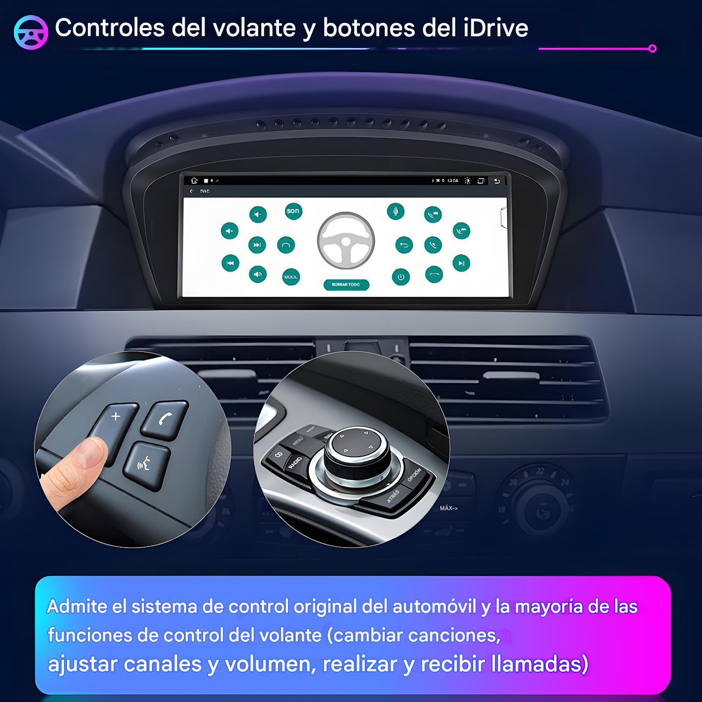 Panel de control del coche con controles del volante y botones iDrive. Incluye una mano interactuando con botones. El fondo tiene texto.