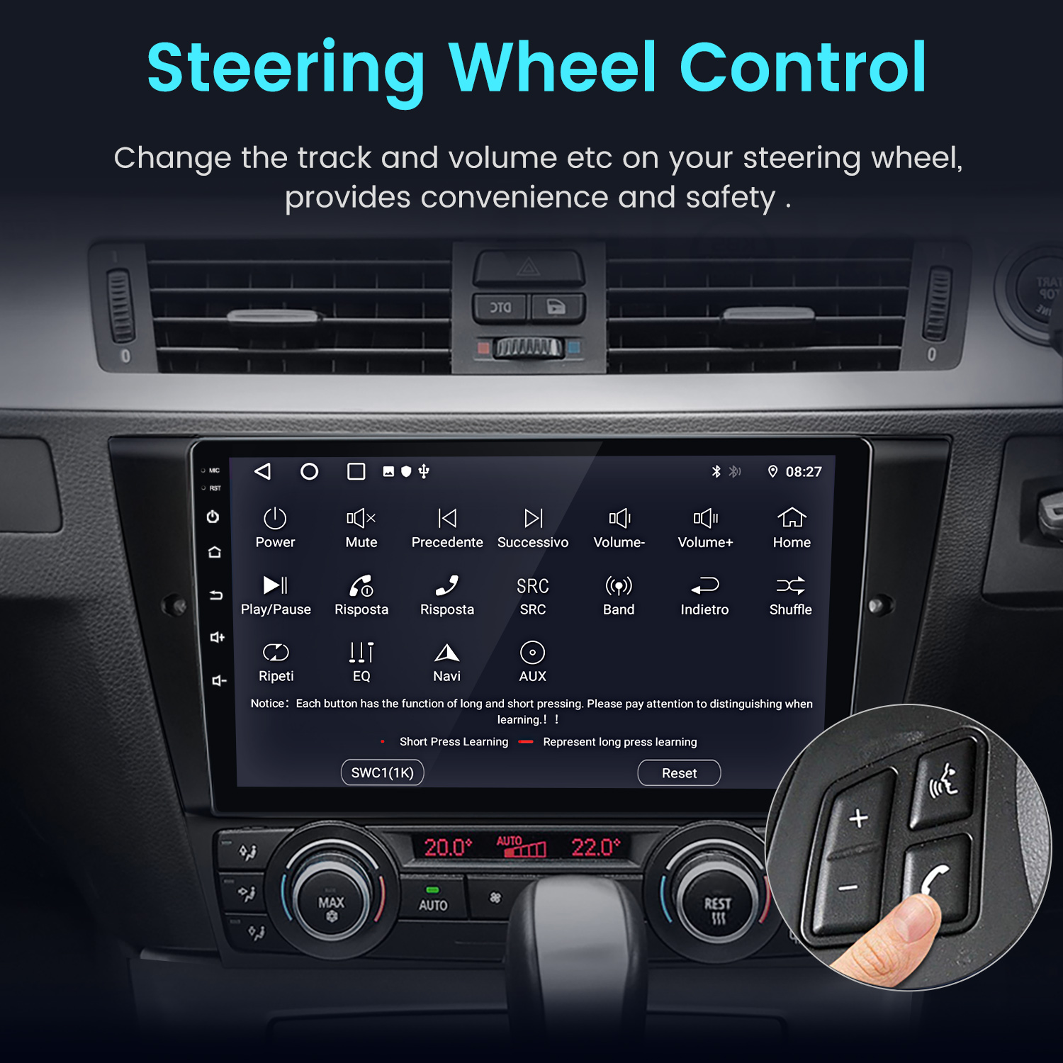 Panel de control del coche con pantalla que muestra opciones. Mano pulsando botón en el volante.