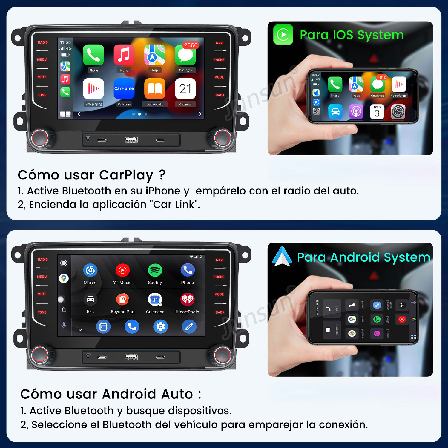 Una pantalla de radio de coche con instrucciones de iOS y Android. Incluye iconos de teléfono, música y aplicaciones de navegación.