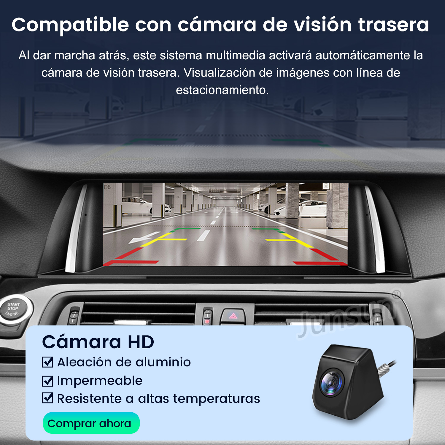 Interior de coche con pantalla mostrando vista de aparcamiento. Características: cámara HD, aleación de aluminio, impermeable y resistente a altas temperaturas.