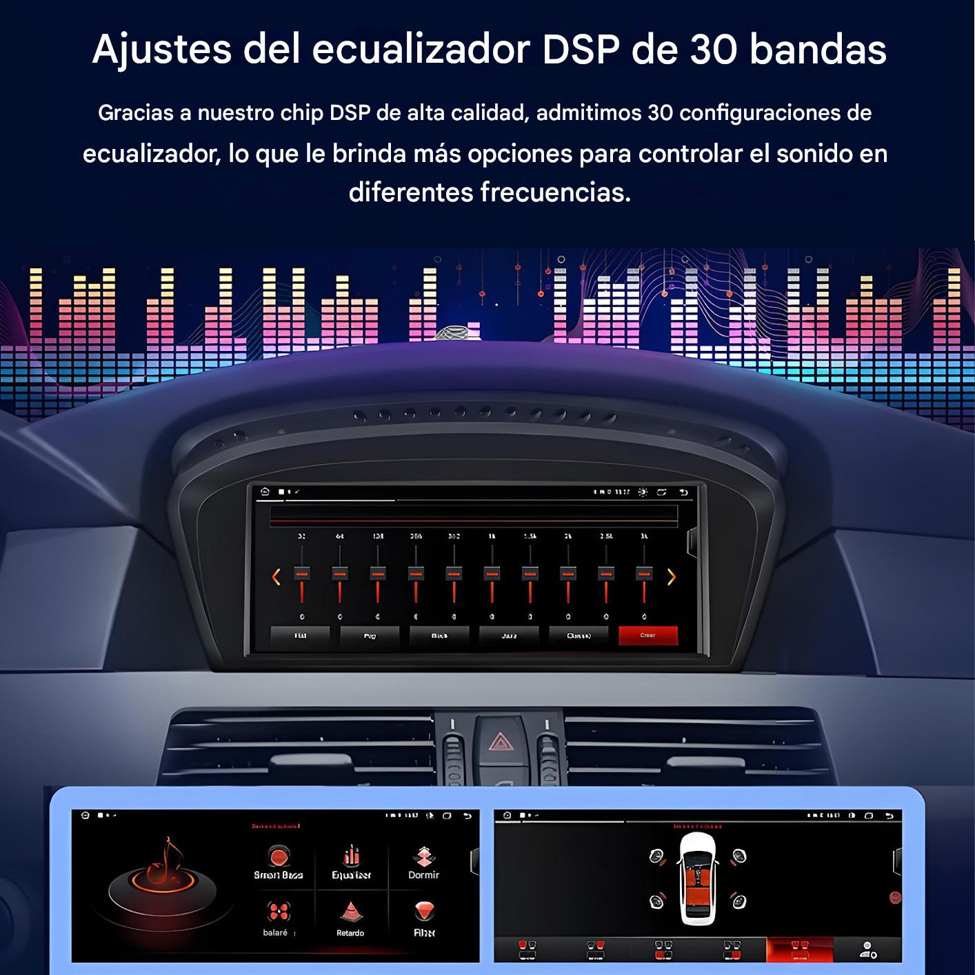 Pantalla del salpicadero del coche que muestra un ecualizador con deslizadores ajustables y otras configuraciones de audio.