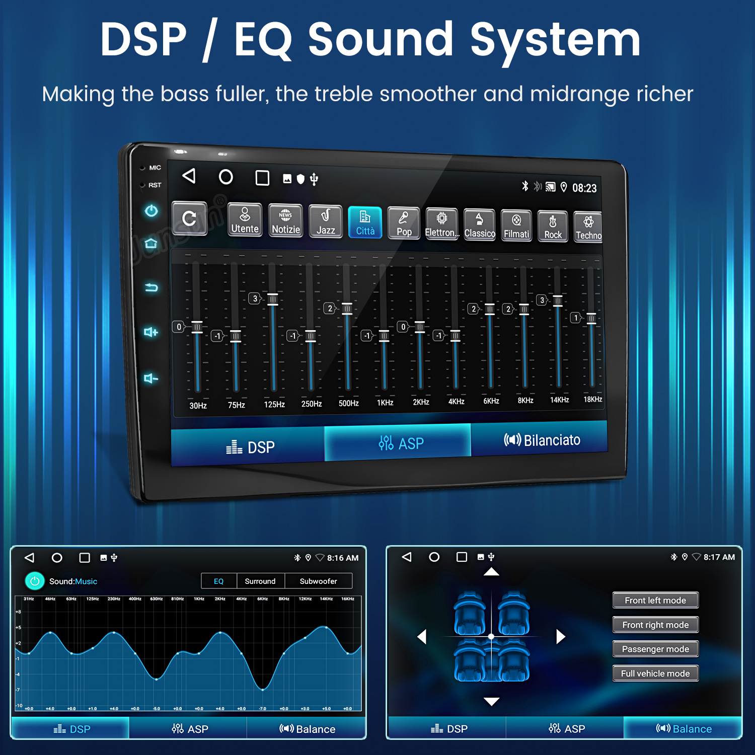 Interfaz del sistema de audio del coche que muestra la configuración del ecualizador. Botones para modos de audio y ajustes.