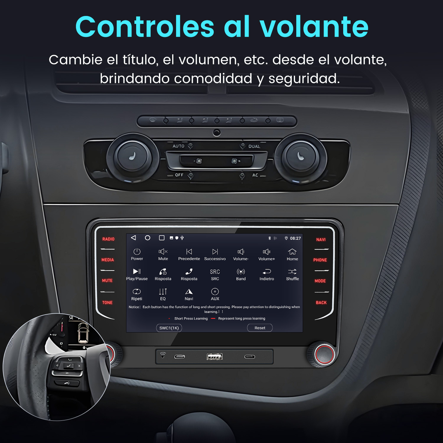 Panel de control del coche con pantalla mostrando opciones y volante en la esquina inferior izquierda.