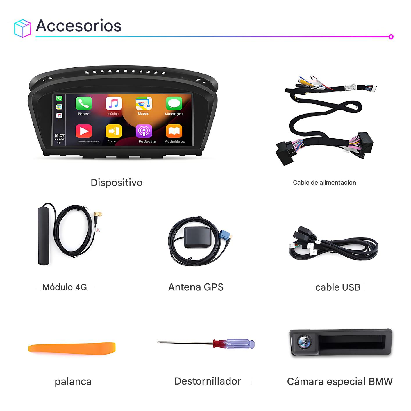La imagen muestra accesorios para el coche: una pantalla con iconos, cables, una antena GPS, un módulo 4G, herramientas y una cámara.