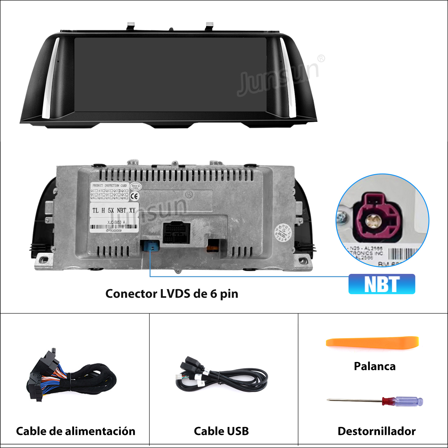 Un sistema de infoentretenimiento automotriz con pantalla, componentes etiquetados y accesorios como cable de alimentación, USB y herramientas.