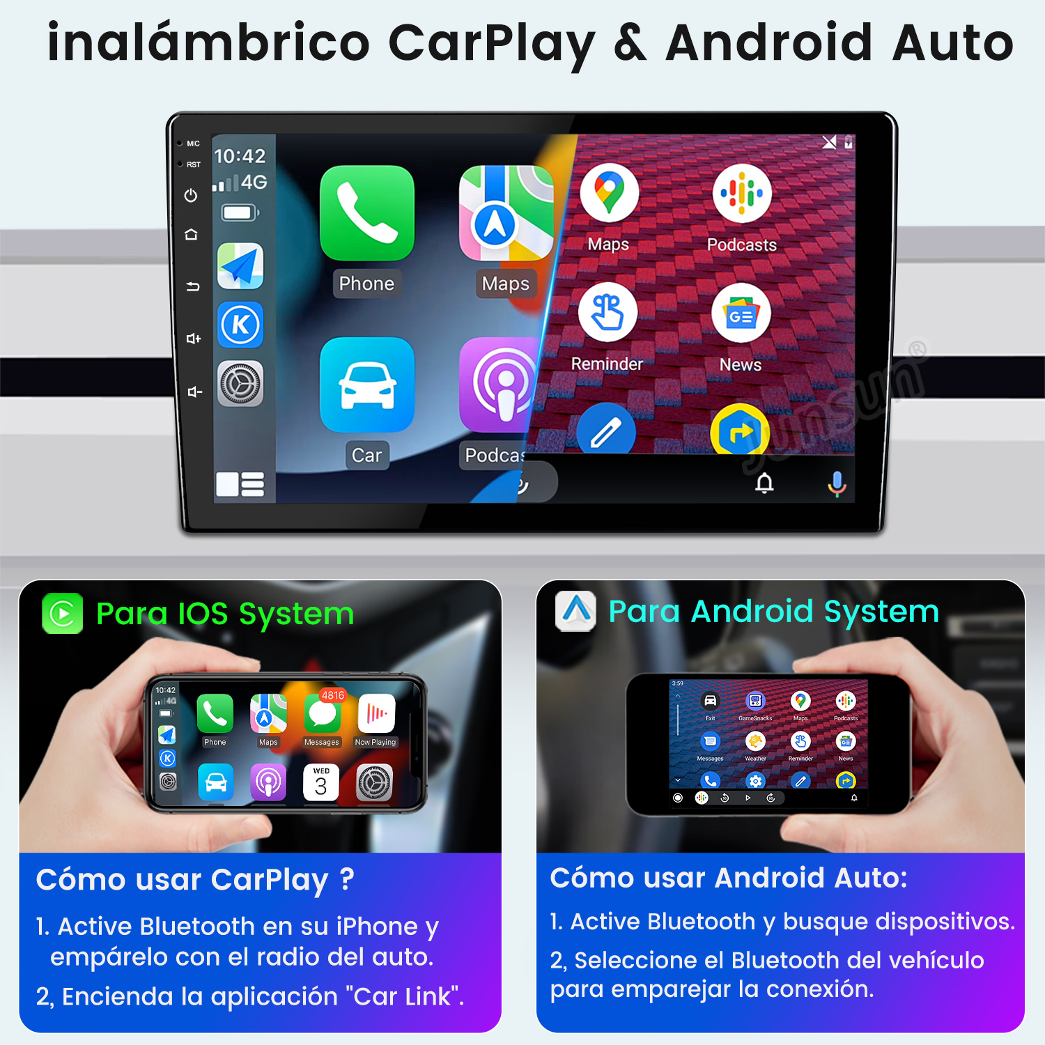 La imagen muestra una radio de coche con aplicaciones e instrucciones para CarPlay y Android Auto con teléfonos. El texto está en español.