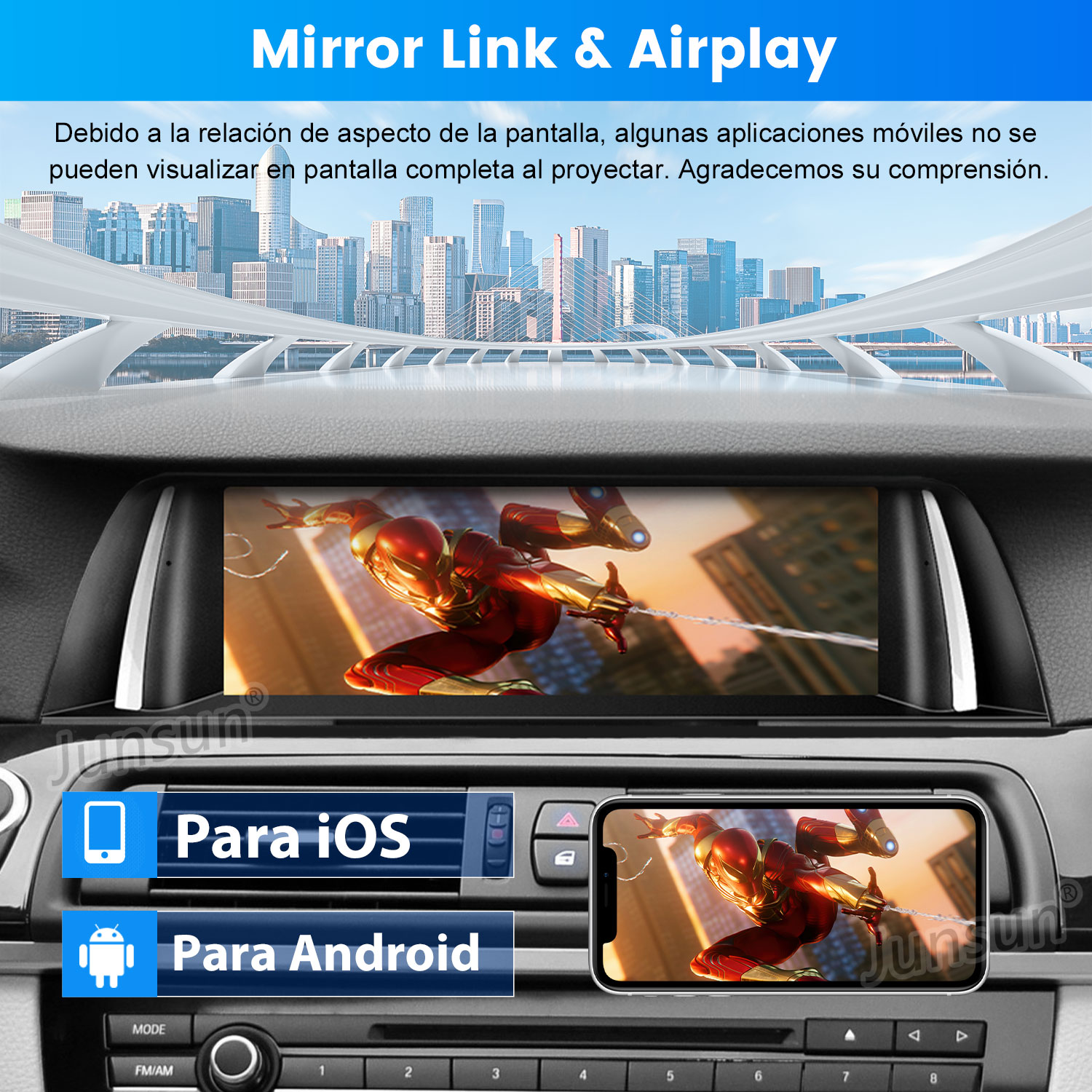 Panel del coche con pantalla mostrando a Spiderman. Se destacan las opciones de mirroring y iOS/Android.