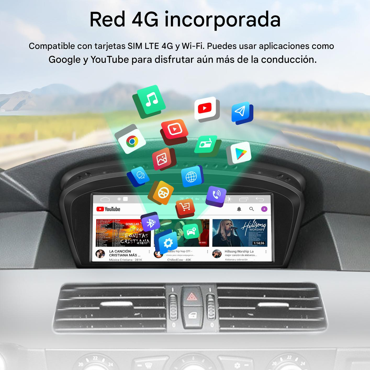 Panel de coche con pantalla de YouTube. Iconos de aplicaciones flotantes rodean la pantalla. Texto superior: 'Red 4G incorporada'.