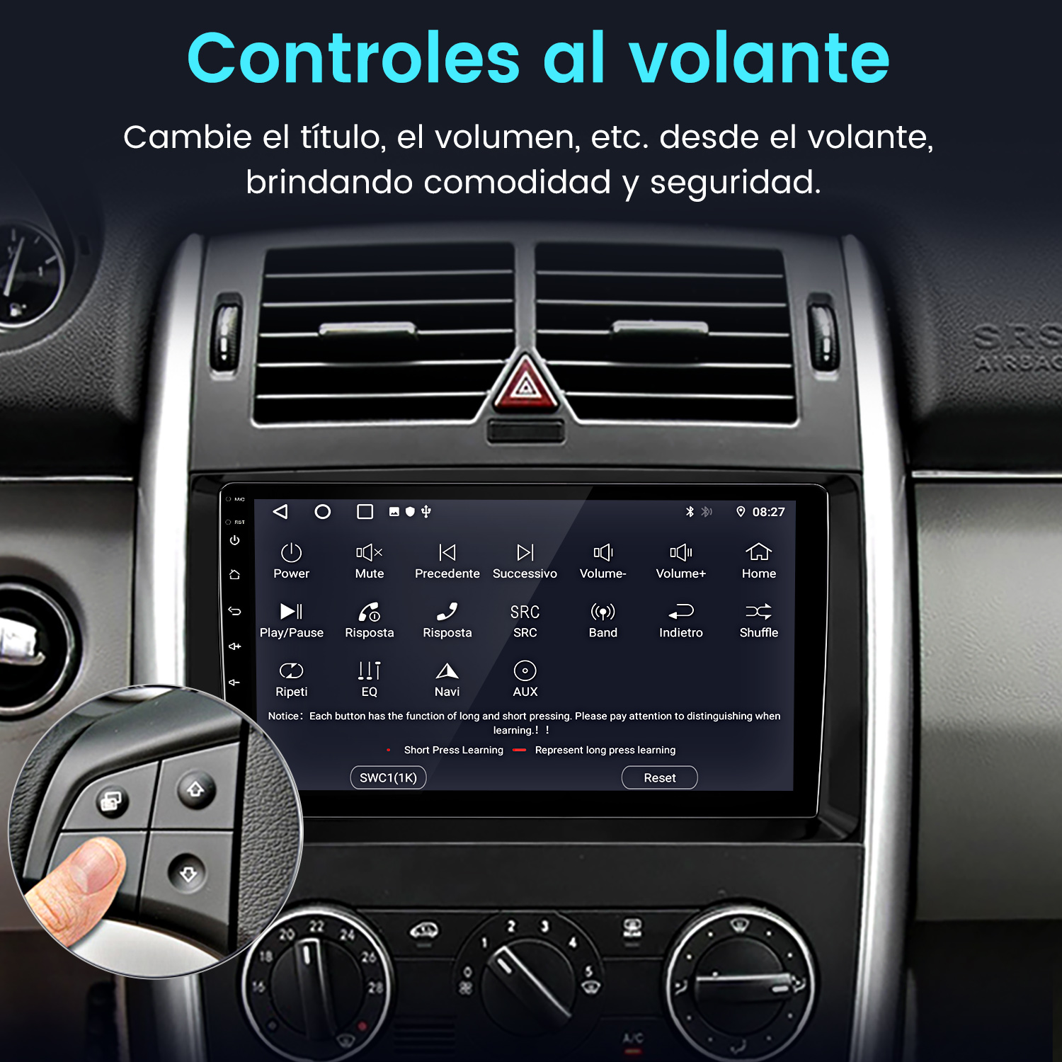 Interior de coche con pantalla que muestra controles y controles del volante con un dedo pulsando un botón. Texto en español.