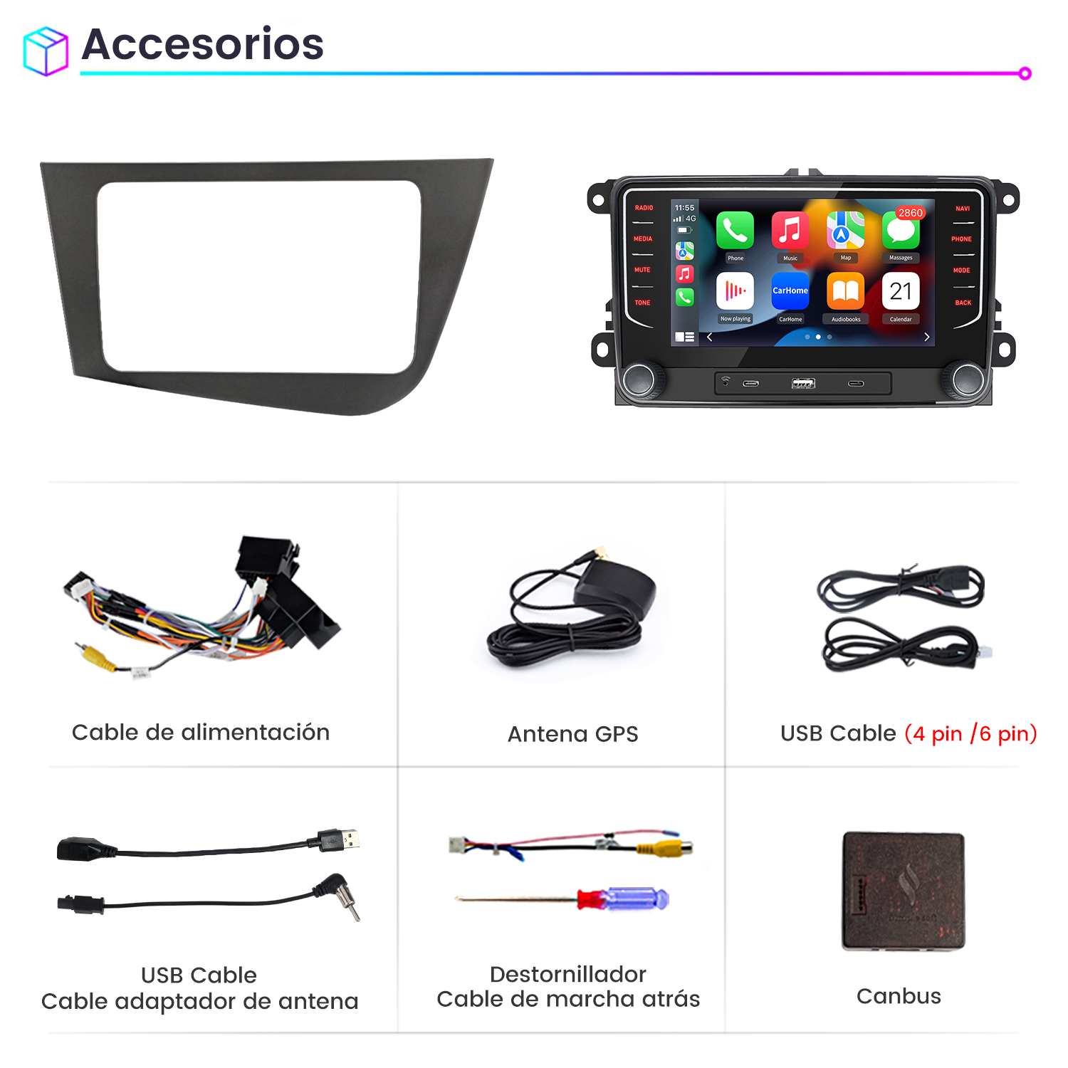 La imagen muestra accesorios para automóvil: un marco, radio de coche, cables, antena GPS, destornillador y un dispositivo Canbus. Todo para la instalación del coche.