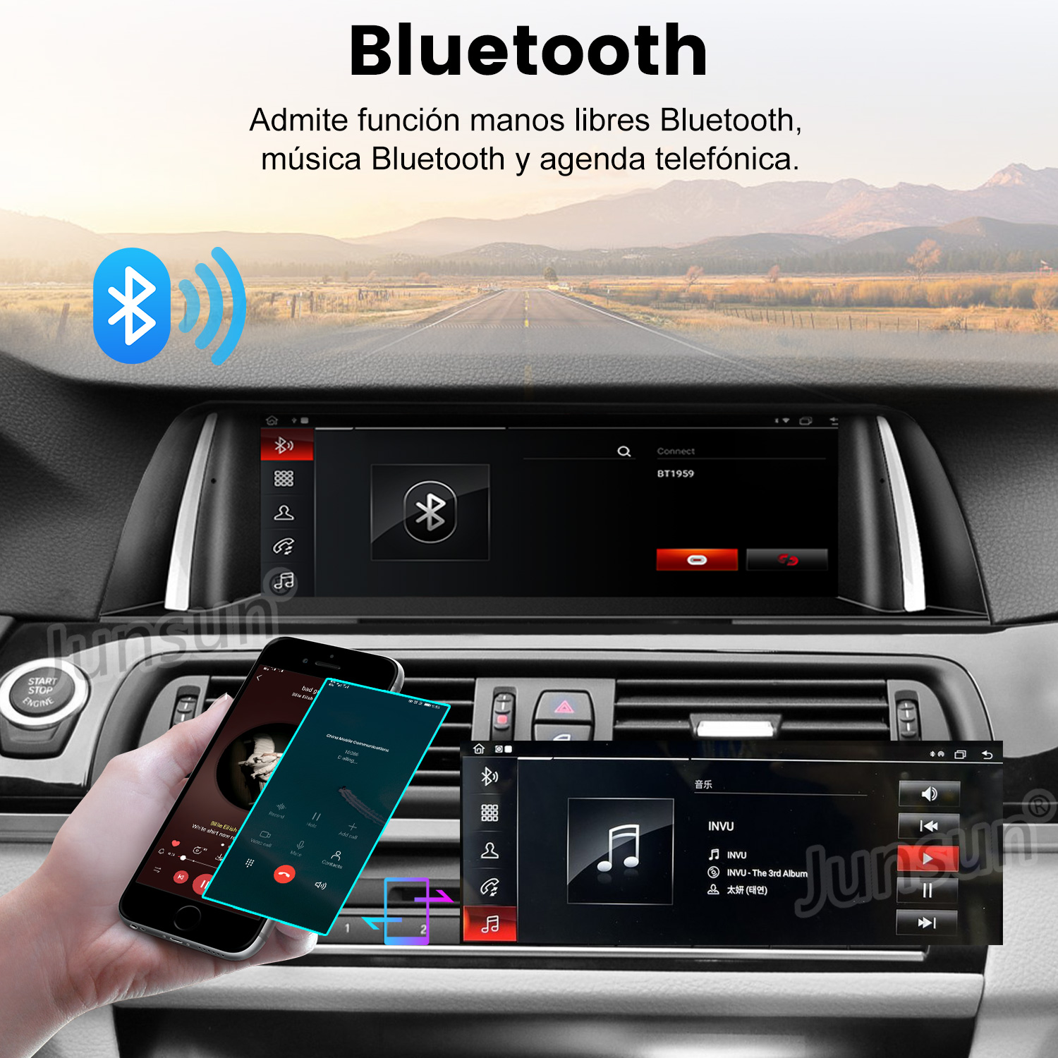 Panel de coche con pantalla que muestra conexión Bluetooth e interfaz telefónica. Una mano sostiene un teléfono con llamada y app de música.