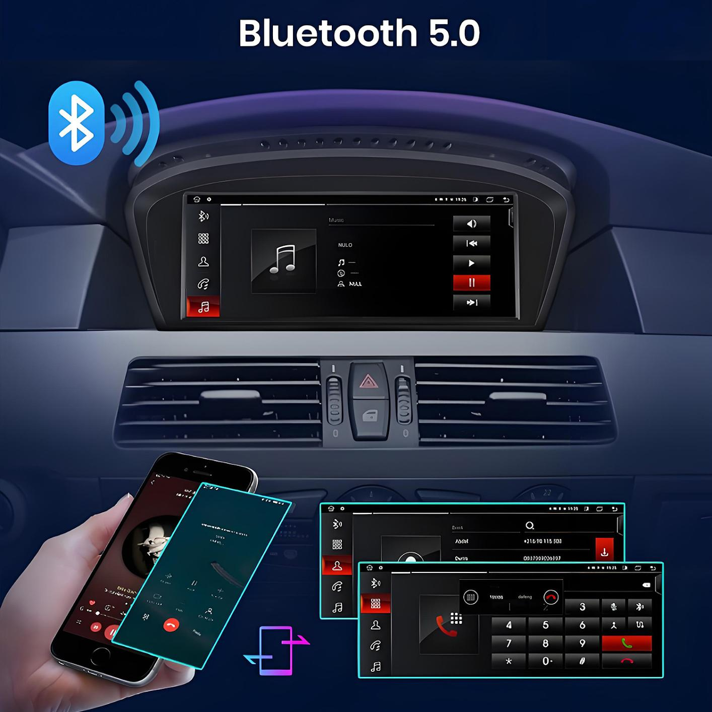 Panel del coche con Bluetooth 5.0. Muestra música y interfaz telefónica, con dos teléfonos con pantallas de llamada. Vista interior.