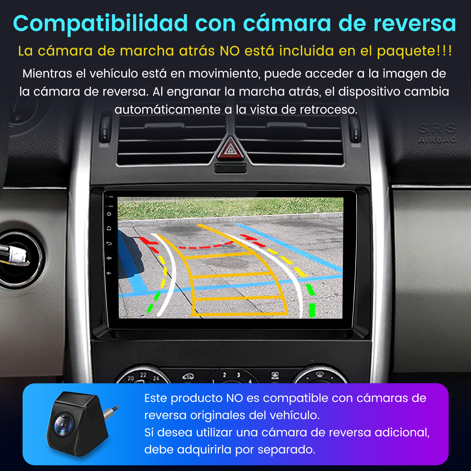 Panel del coche con pantalla mostrando vista de cámara de marcha atrás. Cámara abajo a la izquierda.