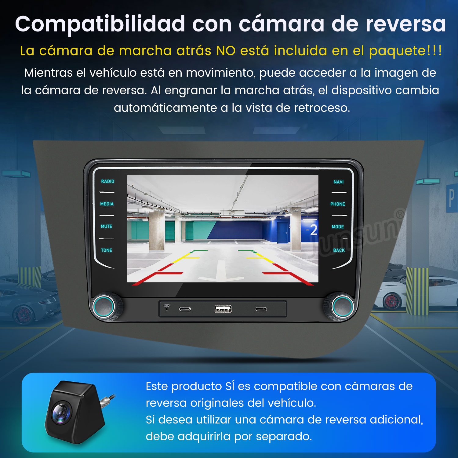 Pantalla del salpicadero del coche con vista de cámara de marcha atrás. Se muestra una cámara negra abajo, con texto sobre compatibilidad y funciones.