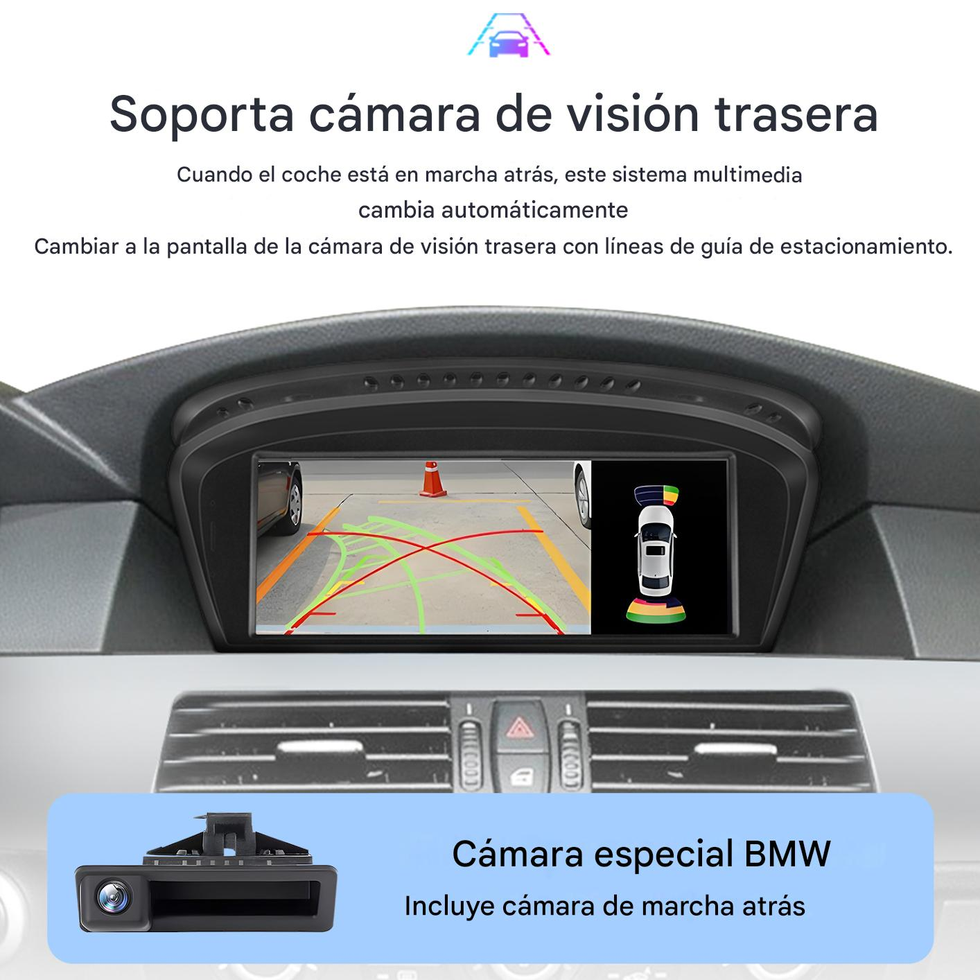 Panel del coche con pantalla de cámara de marcha atrás. Incluye líneas de aparcamiento y cámara trasera. Texto en español.