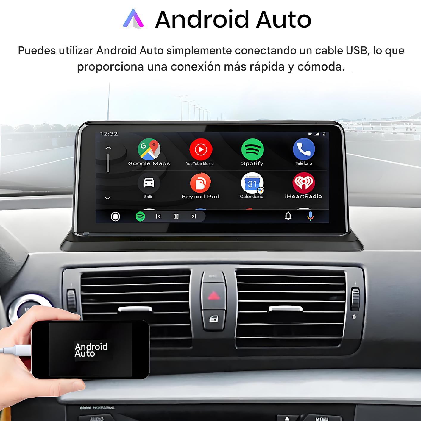 Interfaz de Android Auto en un coche. Un teléfono muestra el logo, conectado por USB. La pantalla muestra apps como Google Maps y Spotify.