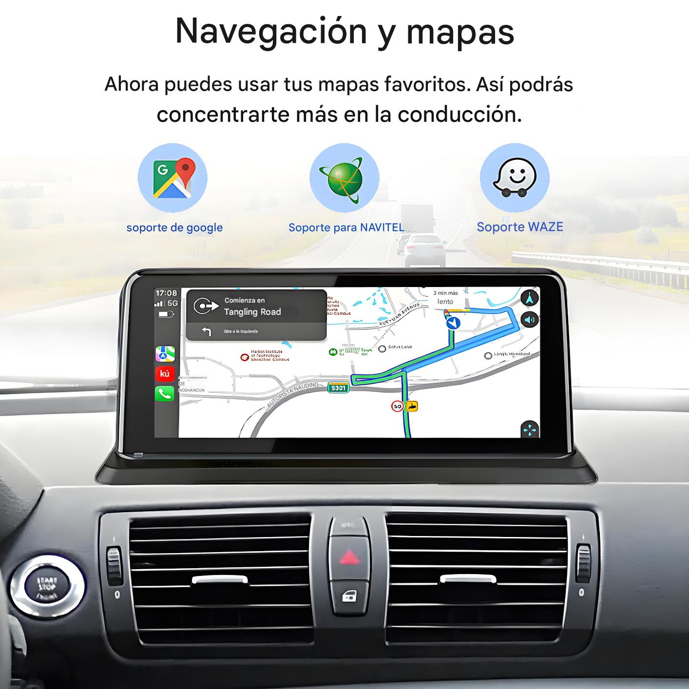 Panel del coche con aplicaciones de navegación. Iconos de Google Maps, Navitel y Waze. La pantalla muestra un mapa con una ruta.