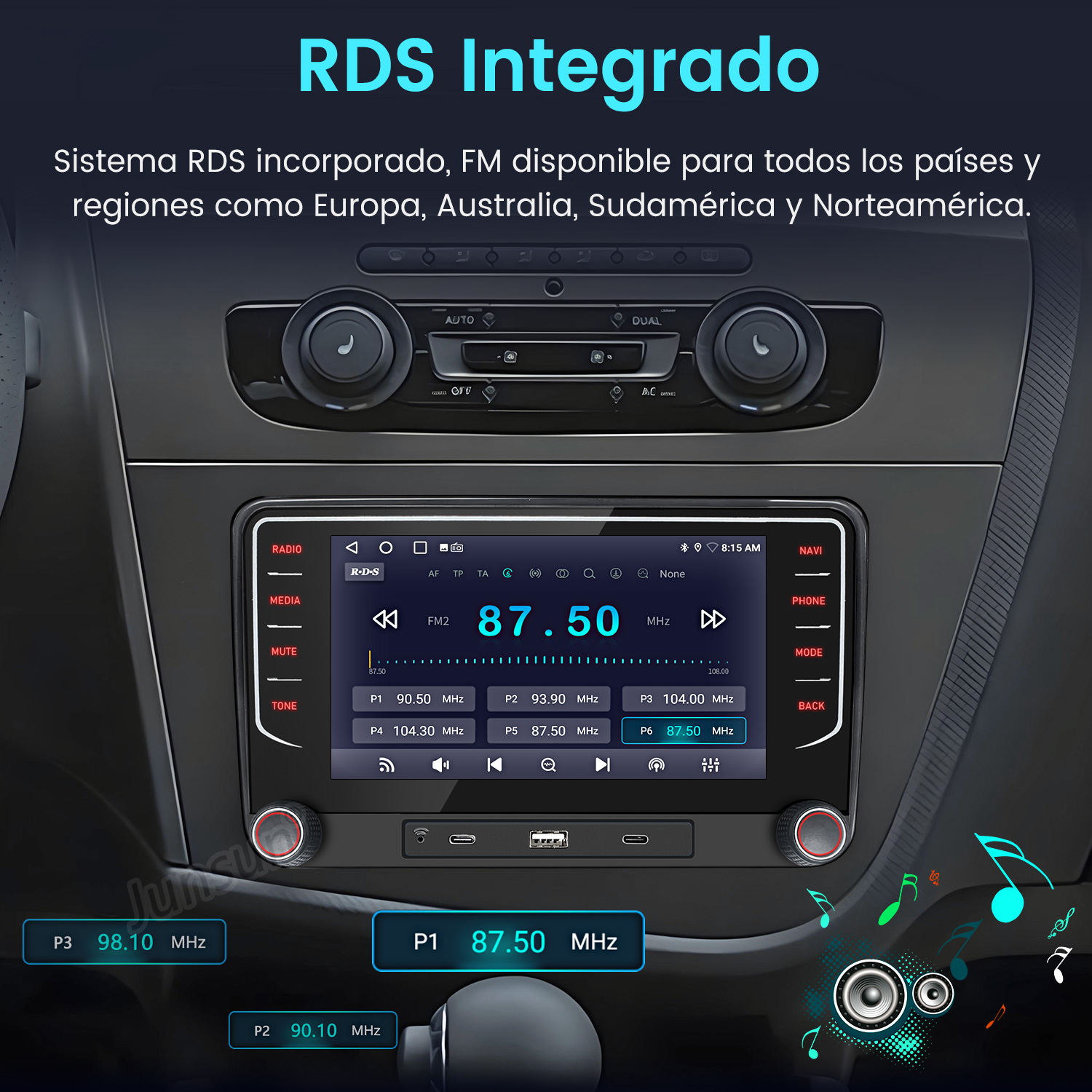 Radio de coche con RDS, mostrando la frecuencia FM 87.50 MHz. Botones para radio, medios, silencio, tono, teléfono, modo y atrás son visibles.