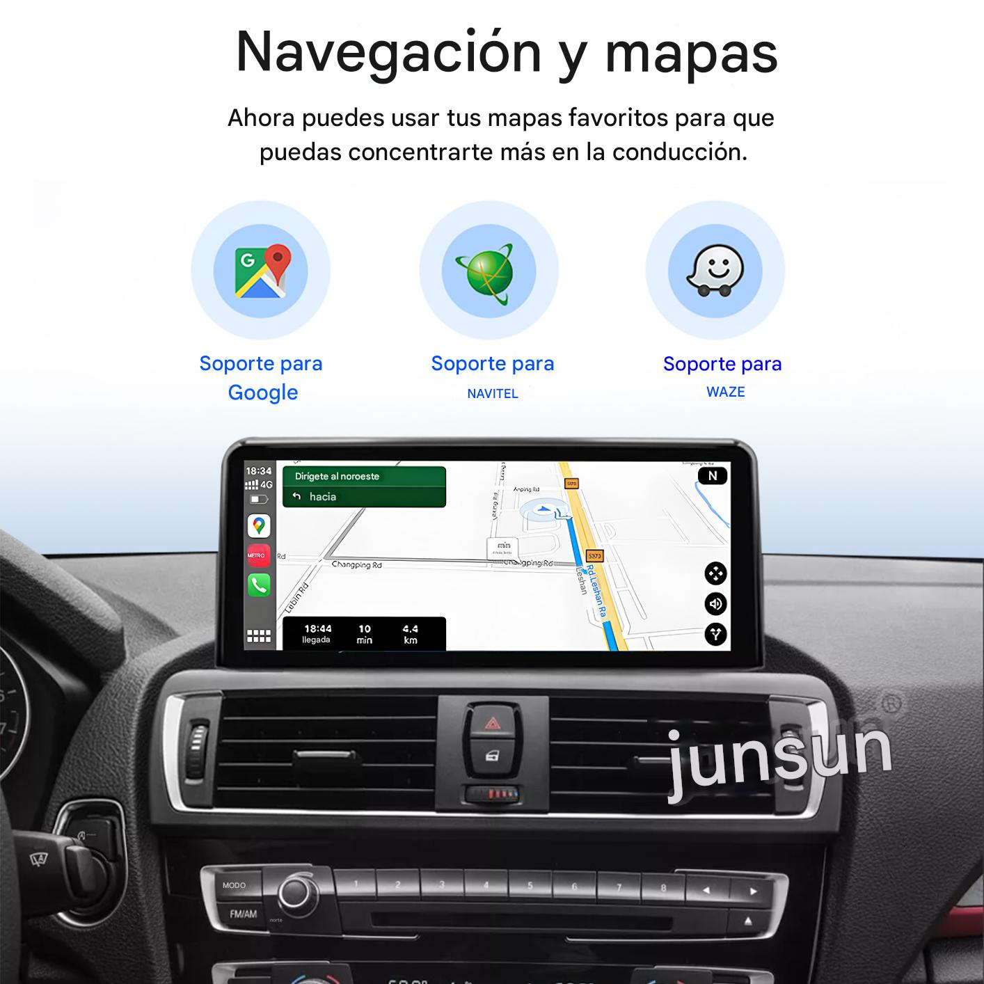 Panel de coche con aplicaciones de navegación como Google Maps, Waze y Navitel, con un mapa en la pantalla. El interior del coche es visible.