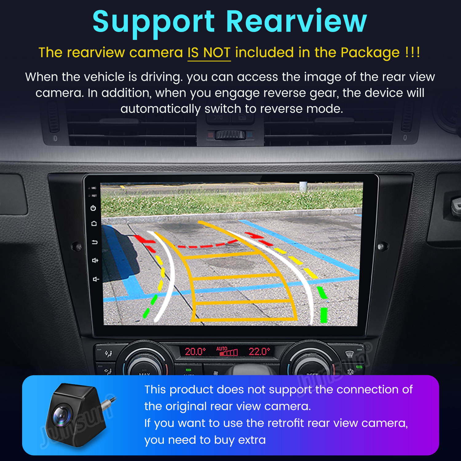 Pantalla de infoentretenimiento del coche mostrando la vista de la cámara de marcha atrás. El texto indica que la cámara de visión trasera no está incluida. Se muestra una cámara abajo.