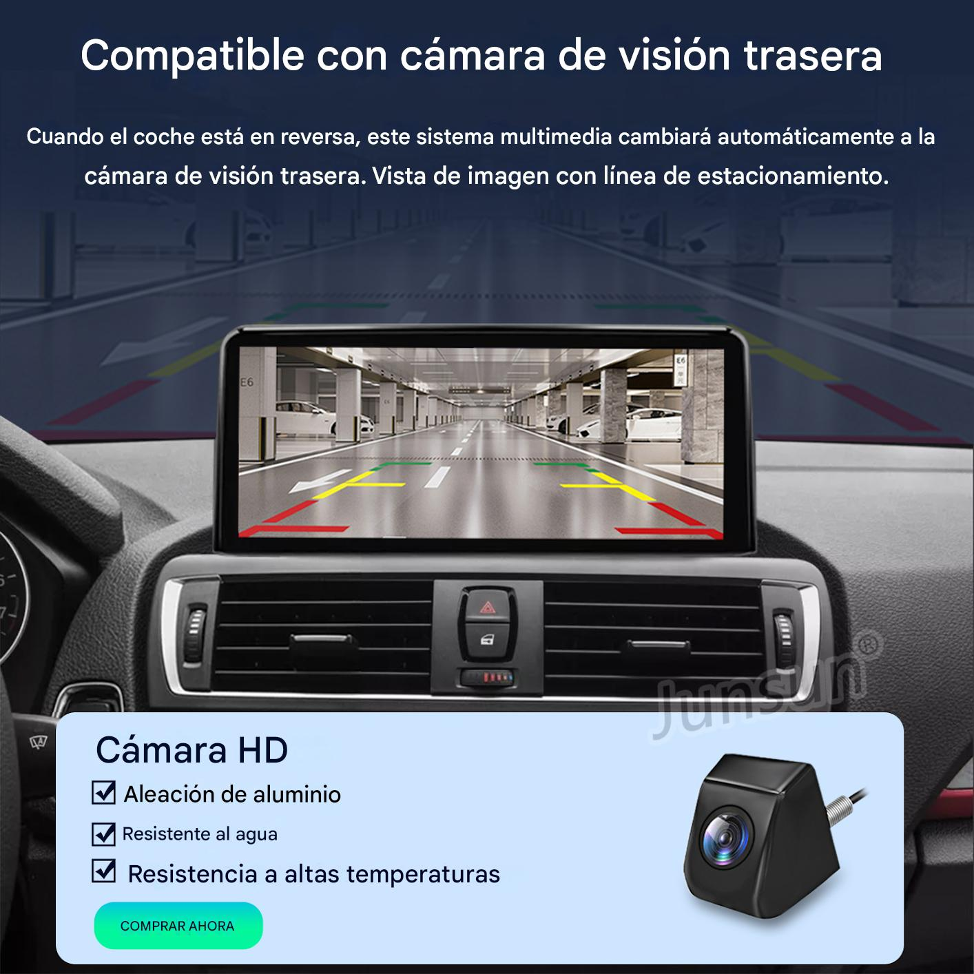 Panel del coche mostrando una pantalla de cámara de visión trasera. Incluye una cámara y características como aleación de aluminio y resistencia al agua.