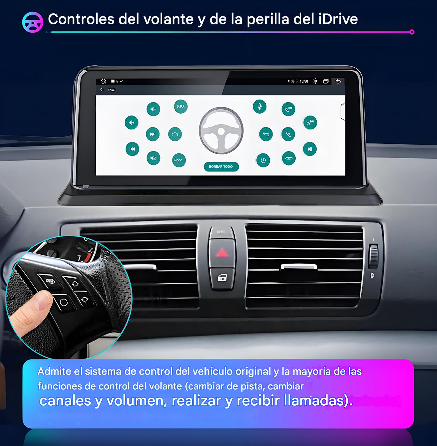 Panel de instrumentos del coche con controles del volante. La pantalla muestra la navegación y otras funciones. El texto menciona sistemas de control del vehículo.