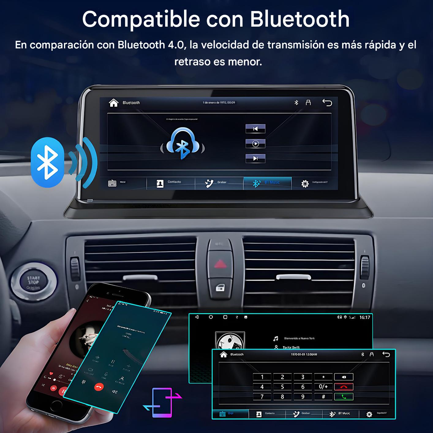 Panel de control del coche con interfaz Bluetooth, dos teléfonos y un teclado numérico. El texto indica compatibilidad Bluetooth.