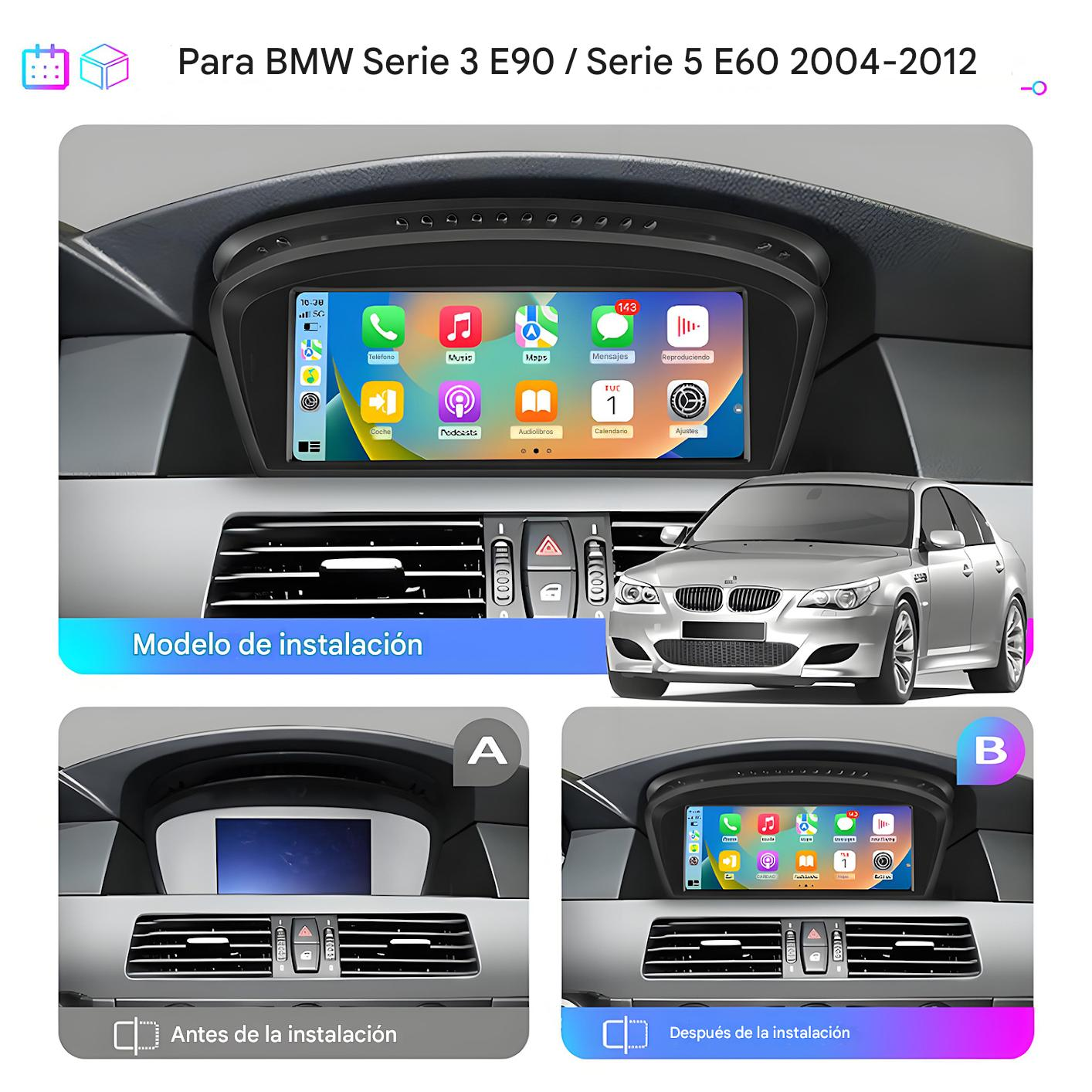 Imagen muestra interior coche con pantalla. Destaca el 'antes' y 'después' de instalar un sistema multimedia en un BMW.